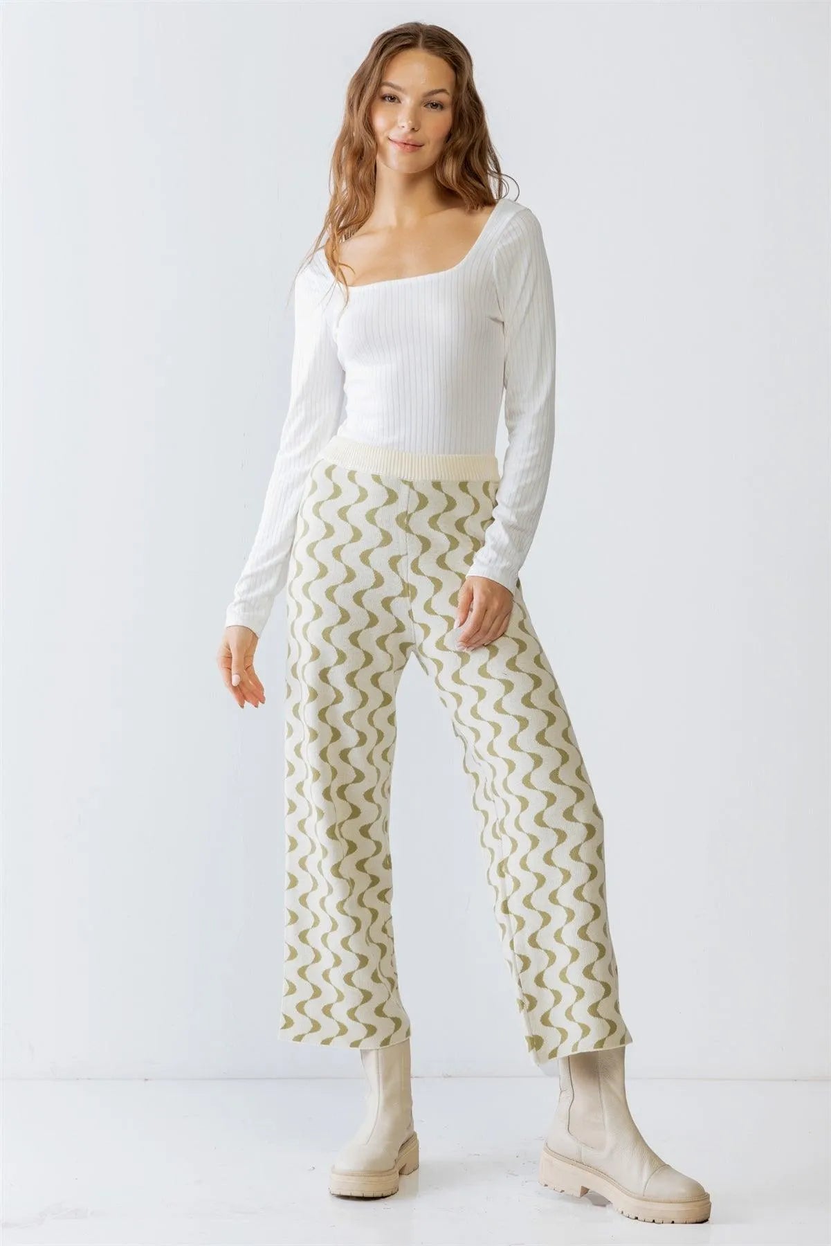 Cream & Green Wavy Line Print Knit High Waist Wide Leg Pants S-M-L/1-2-1 - Tasha Apparel Wholesale