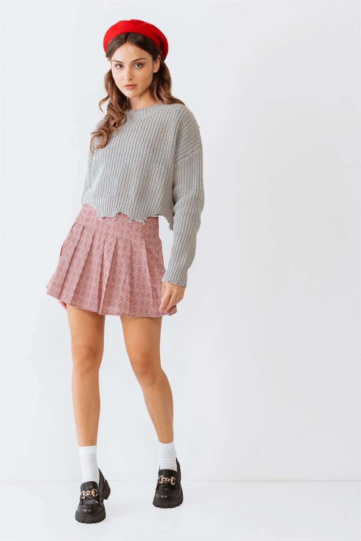 Grey Torn Edge Long Sleeve Crop Knit Top /3-2-1 - Tasha Apparel Wholesale