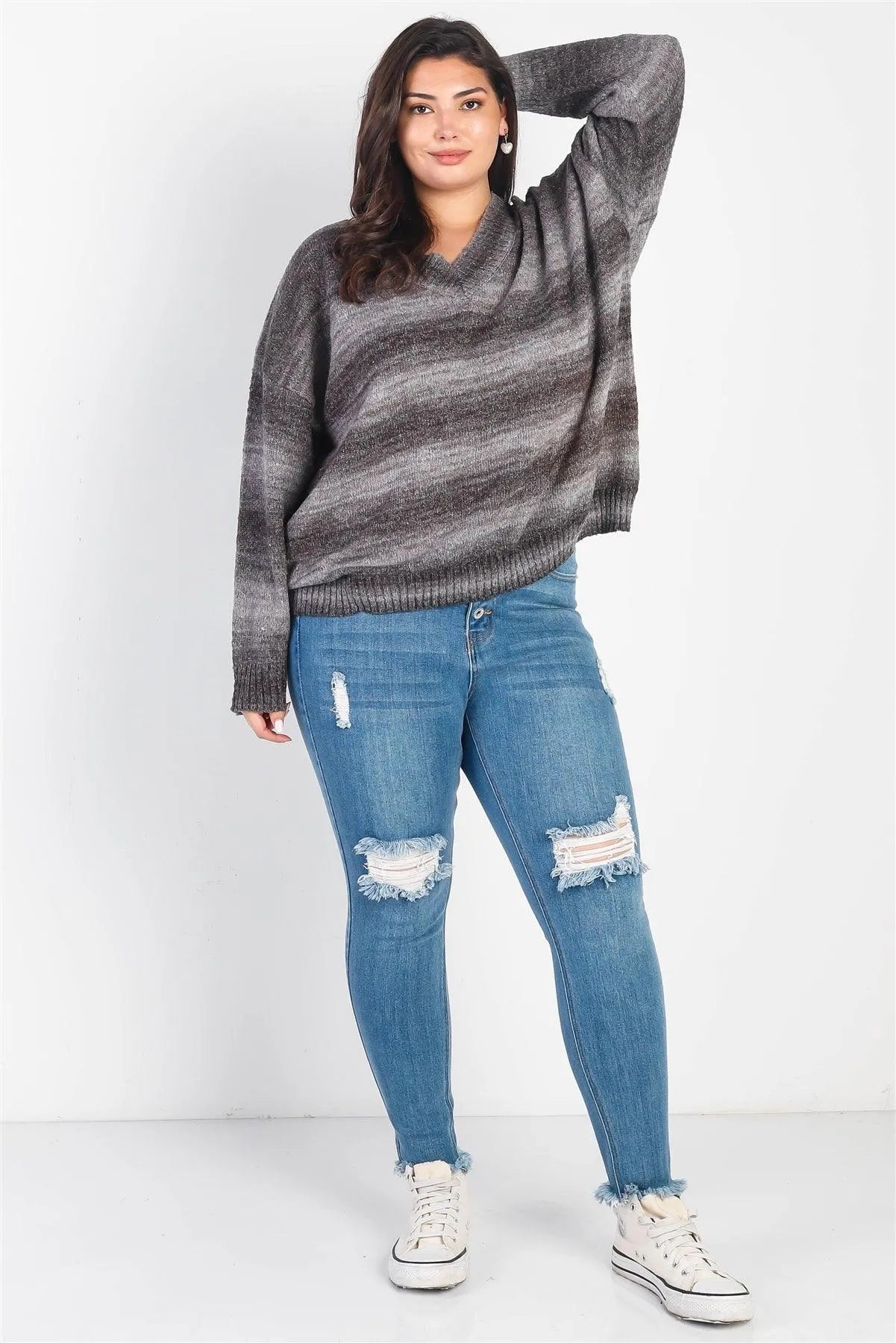 Junior Plus Grey & Black Gradient Knit V-Neck Sweater /2-2-1 - Tasha Apparel Wholesale