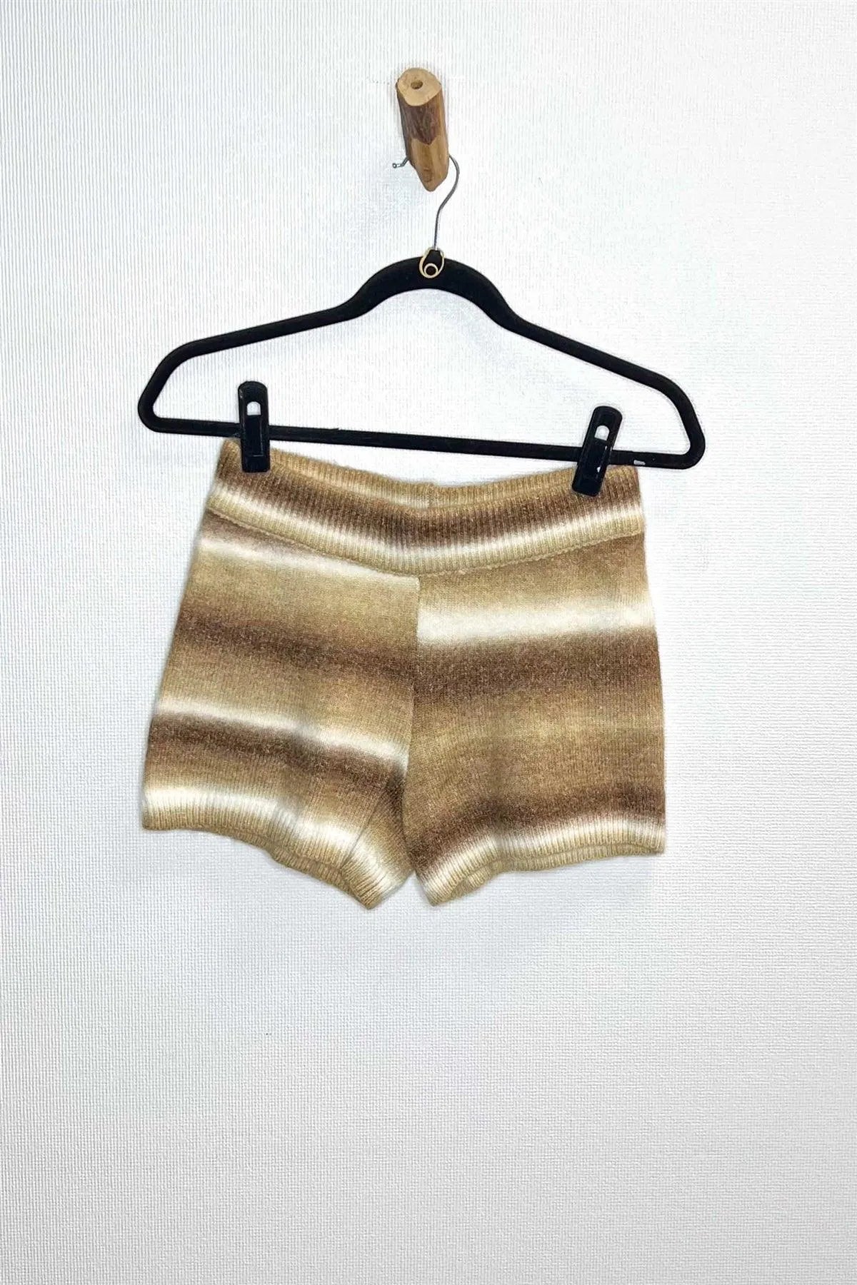 Taupe & Brown Stripe Knit Long Sleeve Sweater & High Waist Shorts Set /1-2-2-1 - Tasha Apparel Wholesale