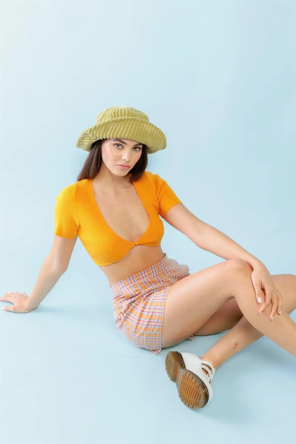 Orange Ribbed U-Neck Short Sleeve Button Closure Crop Top /3-2-1 - Tasha Apparel Wholesale