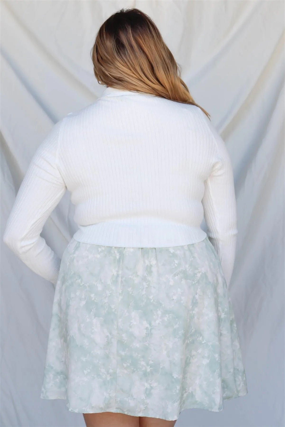 Junior Plus Ivory Ribbed Zip-Up Collared Long Sleeve Top /2-2-1 - Tasha Apparel Wholesale