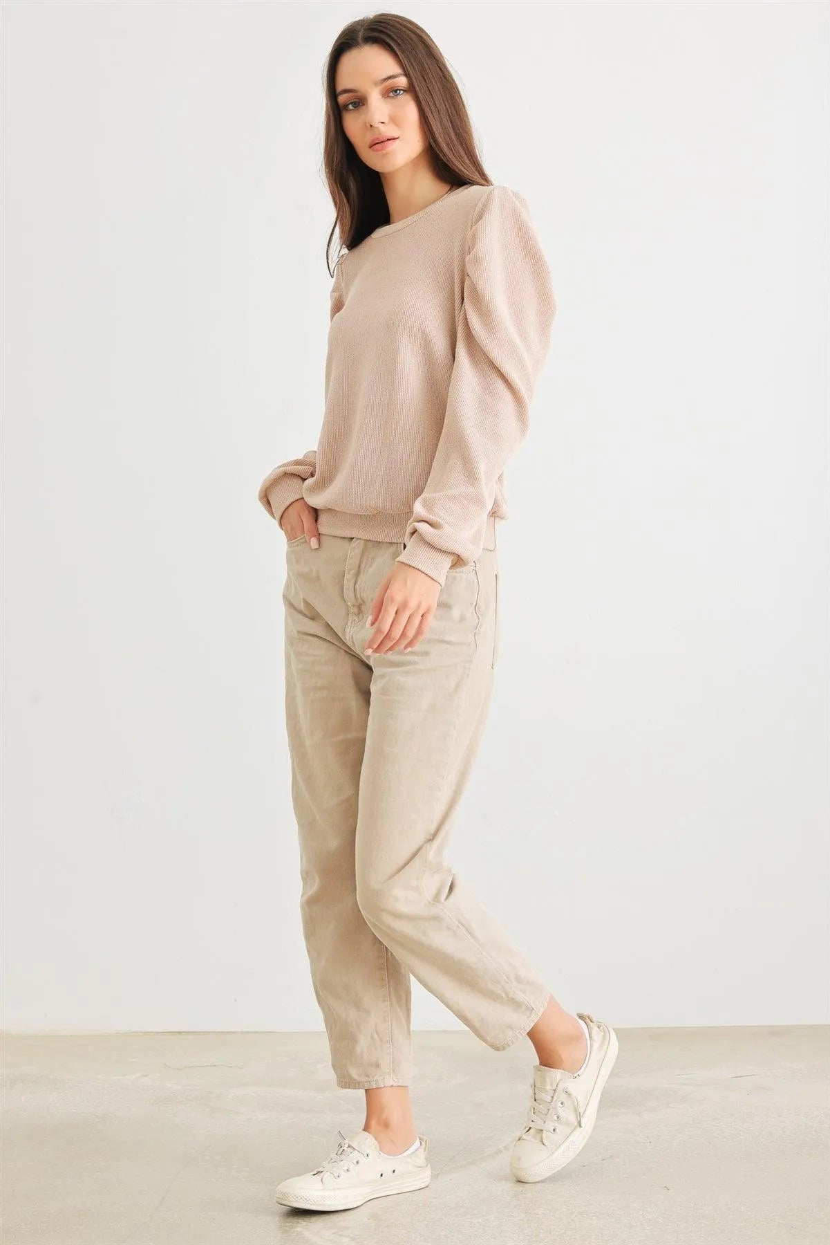 Sand Ribbed Crew Neck Puff Long Sleeve Top /2-2-2 - Tasha Apparel Wholesale