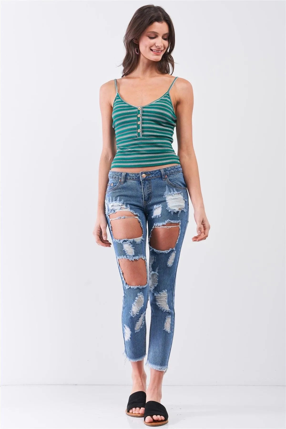 Green Striped Sleeveless V-Neck Button Front Cami Top /2-2-2 - Tasha Apparel Wholesale