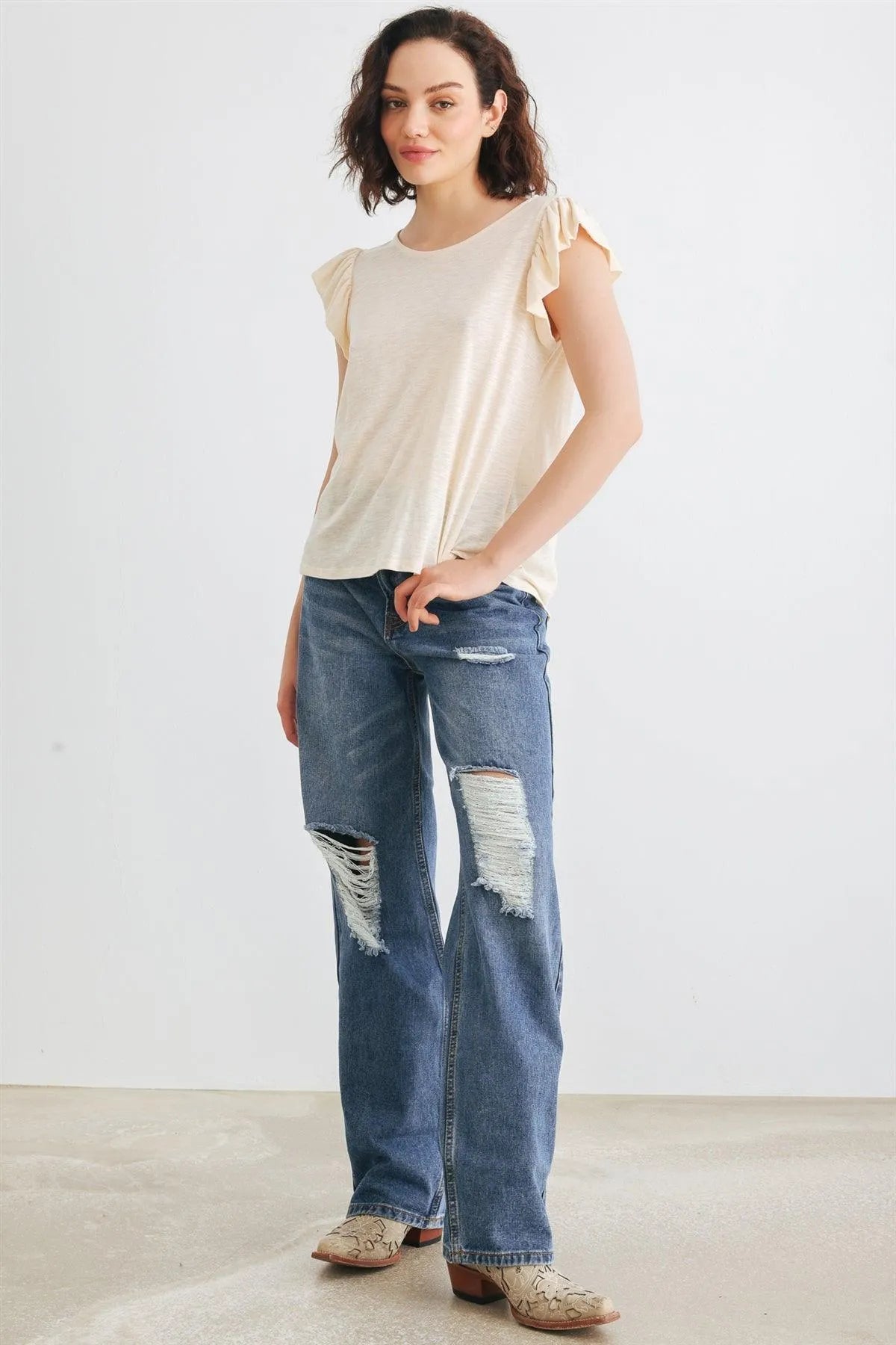 Cream Cotton Blend Ruffled Sleeve Round Neck Top - Tasha Apparel Wholesale