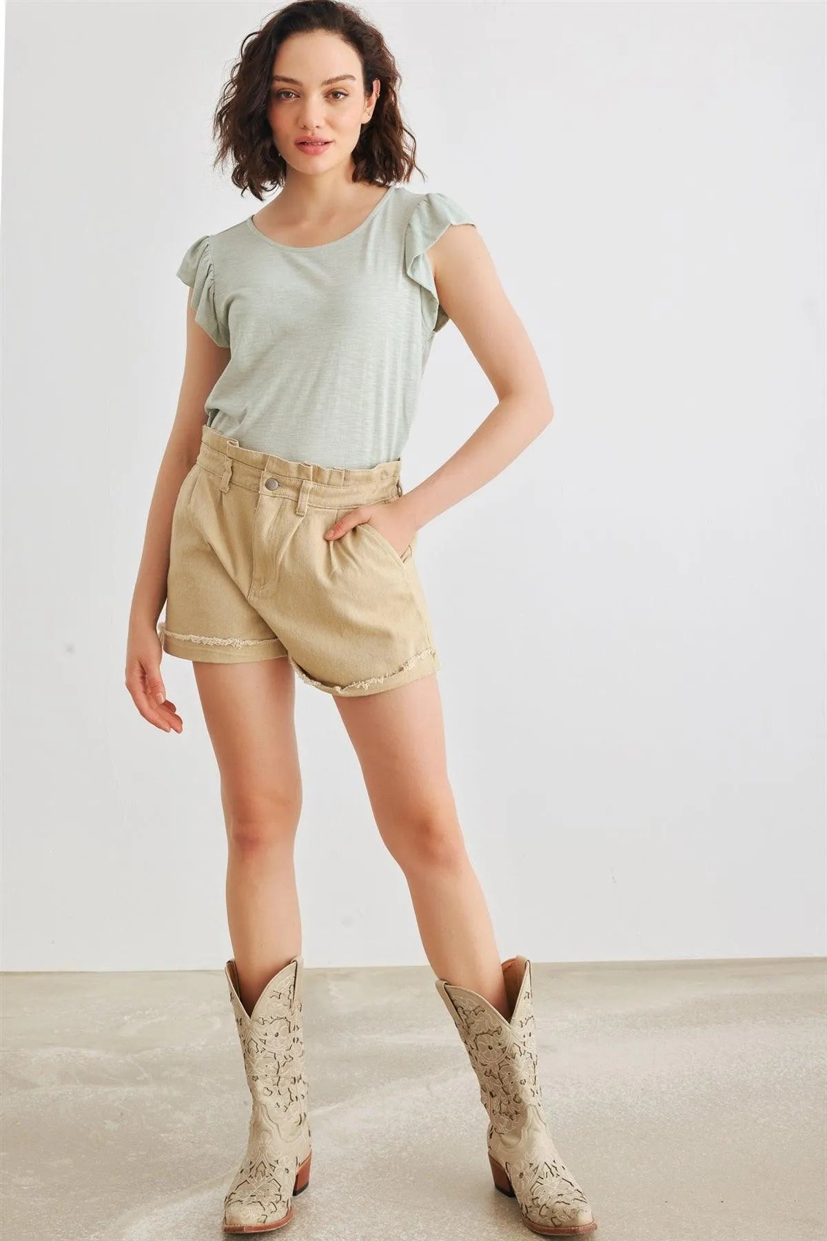 Sage Cotton Blend Short Sleeve Round Neck Top /2-2-2 - Tasha Apparel Wholesale