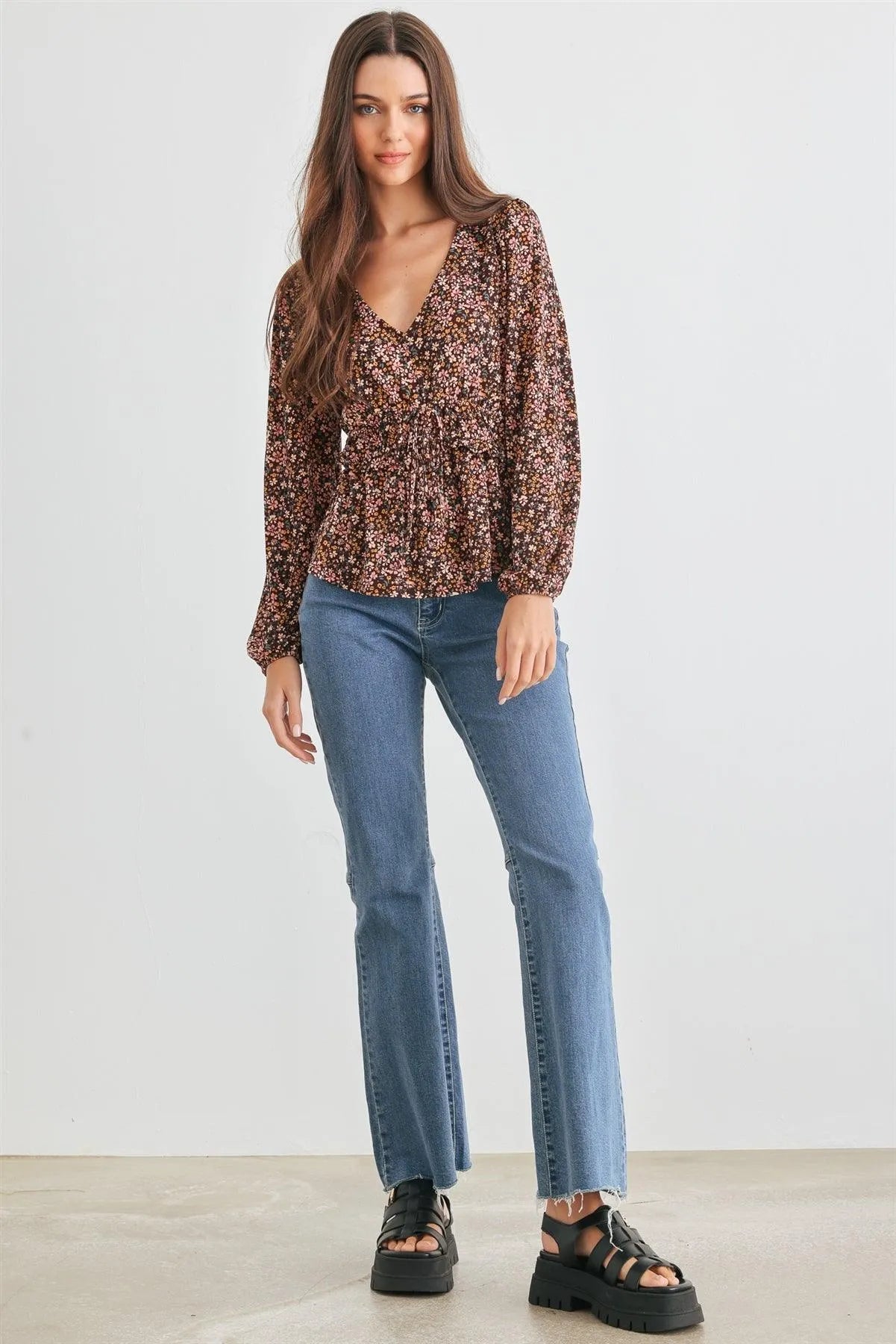 Brown & Blush Floral V-Neck Long Sleeve Flare Hem Top /2-2-2 - Tasha Apparel Wholesale