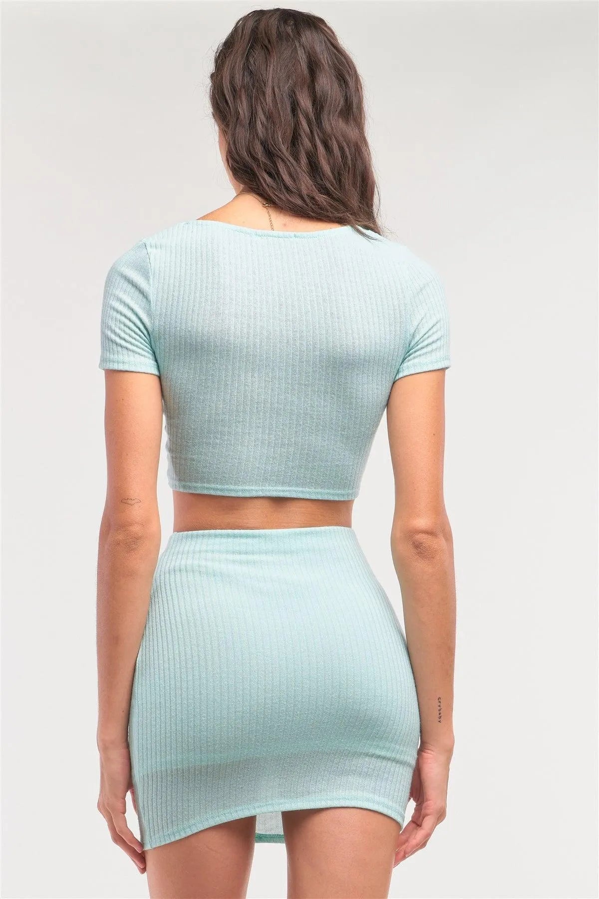 Mint Ribbed Scoop Neck Button Down Crop & Mock Wrap Mini Skirt Set - Tasha Apparel Wholesale