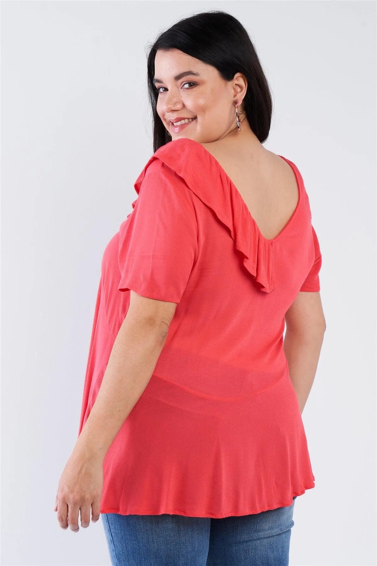 Junior Plus Size Coral Pink V-Neck Diagonal Ruffle Trim Short Sleeve Top /3-2-1 - Tasha Apparel Wholesale