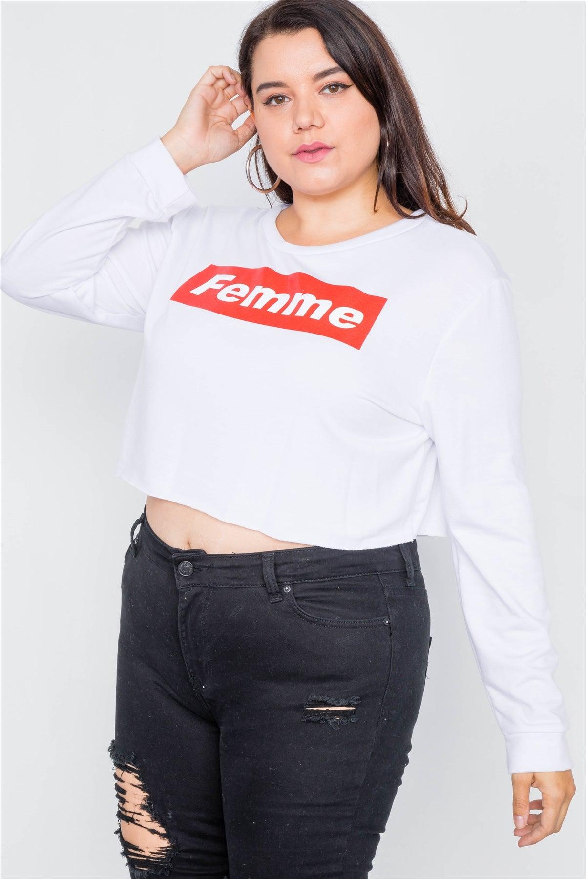 Plus Size White 'FEMME" Cozy Crop Sweater
