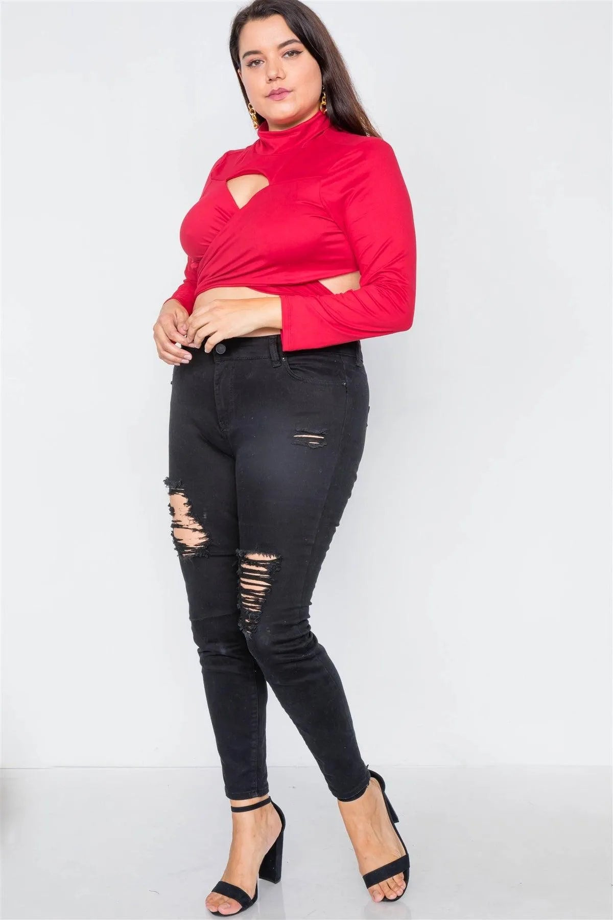 Junior Plus Size Red Suede Wrap Turtleneck Crop-Top /2-2-2 - Tasha Apparel Wholesale