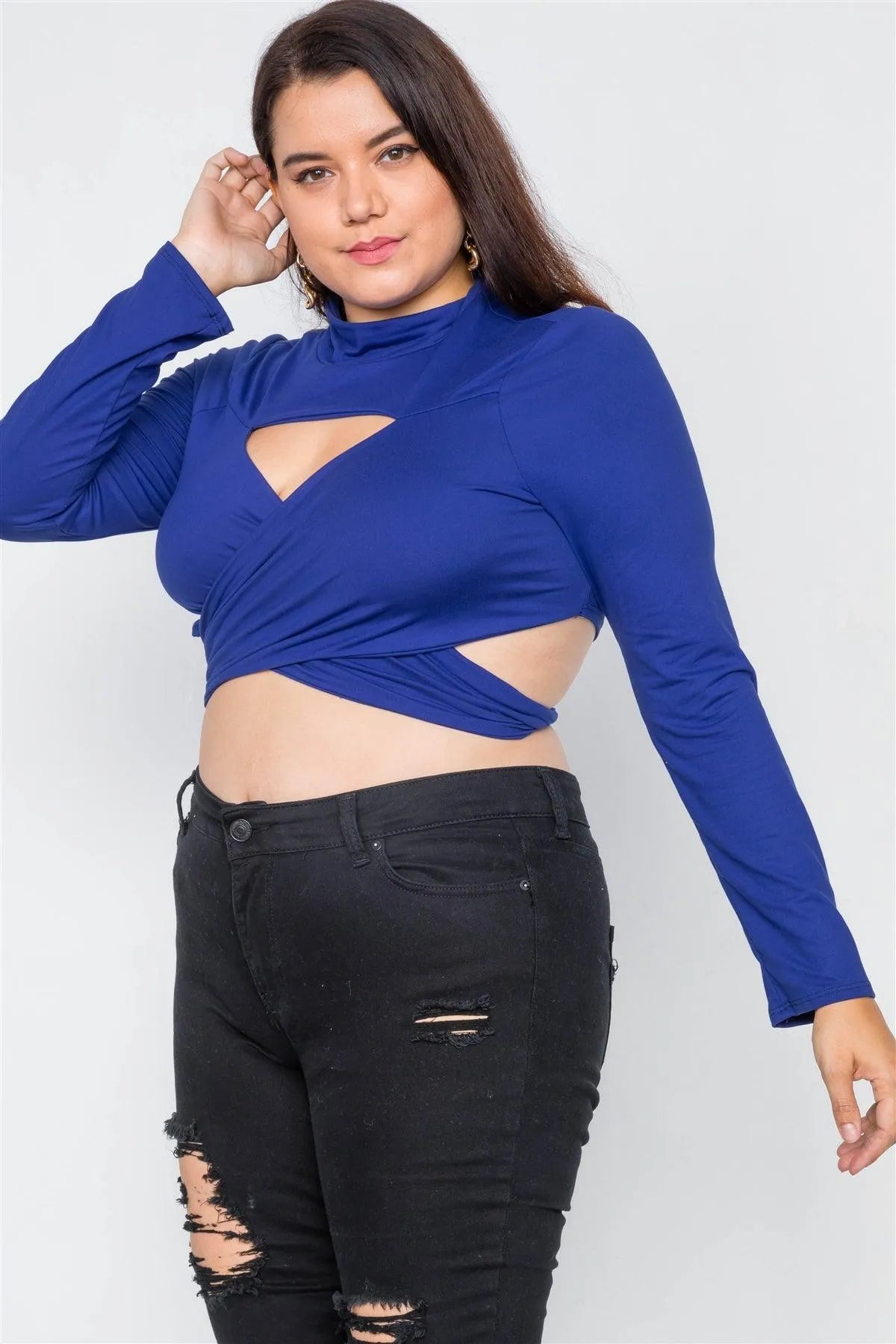 Plus Size Royal Blue Suede Wrap Turtleneck Crop-Top - Tasha Apparel Wholesale
