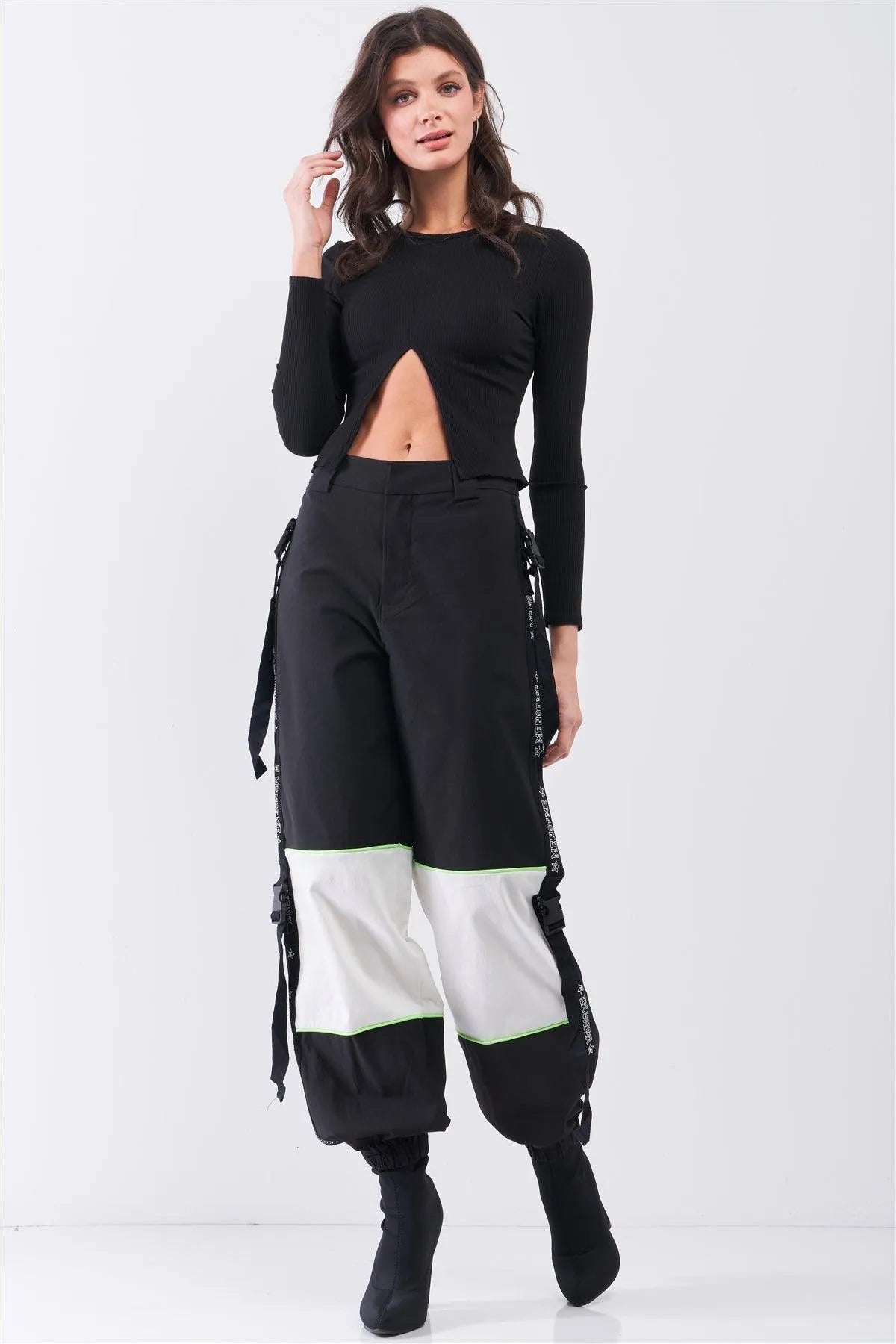 Black Ribbed Long Sleeve Front Belly Button Slit Detail Top /2-1-1 - Tasha Apparel Wholesale