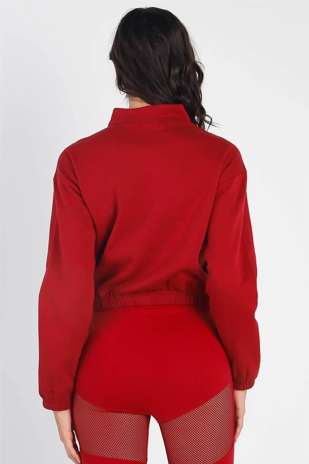 Wine Zip-Up Mock Neck Long Sleeve Crop Sweatshirt /2-2-2 - Tasha Apparel Wholesale