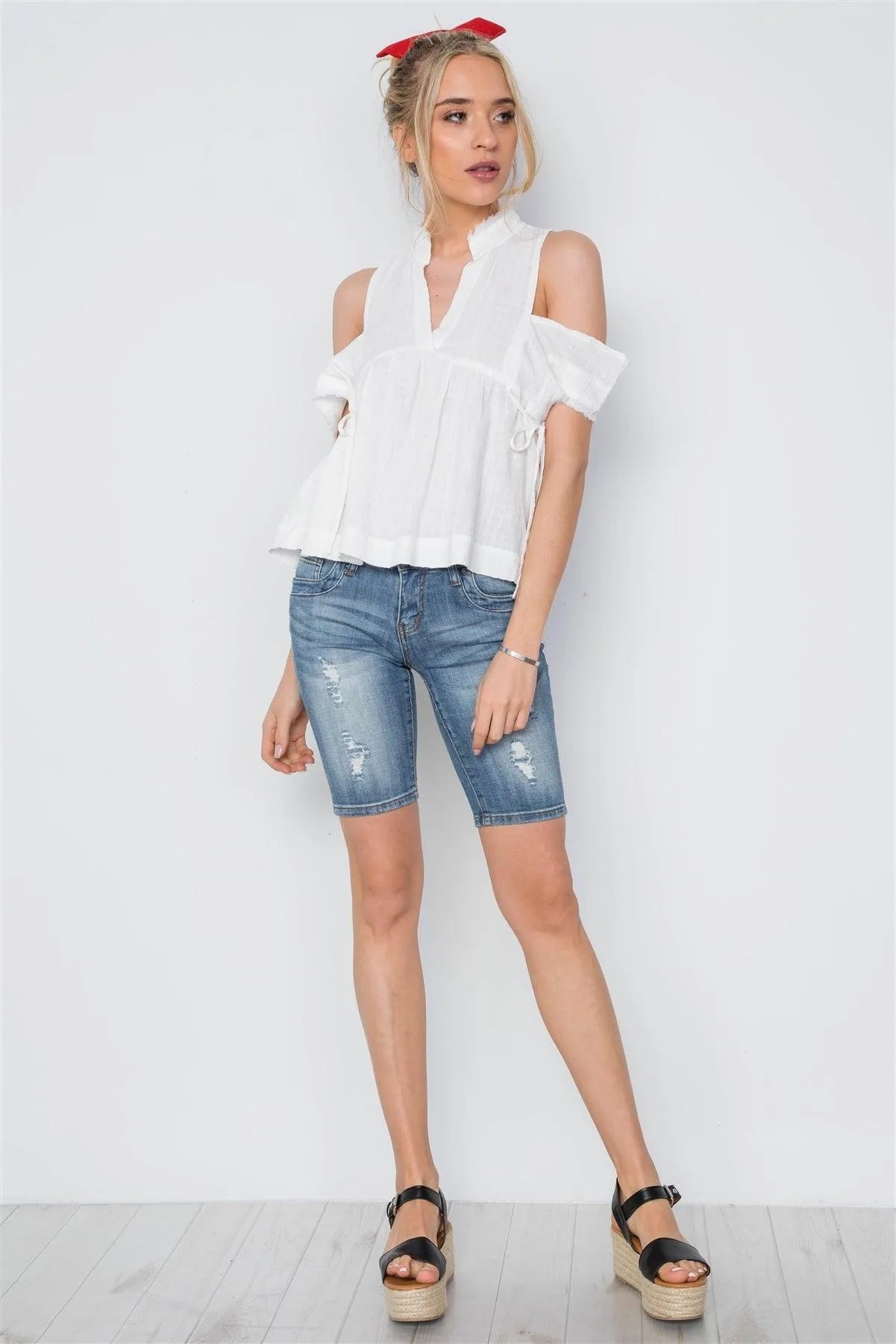 Off White Shirred Cut Out Frayed Boho Top /3-2-1 - Tasha Apparel Wholesale