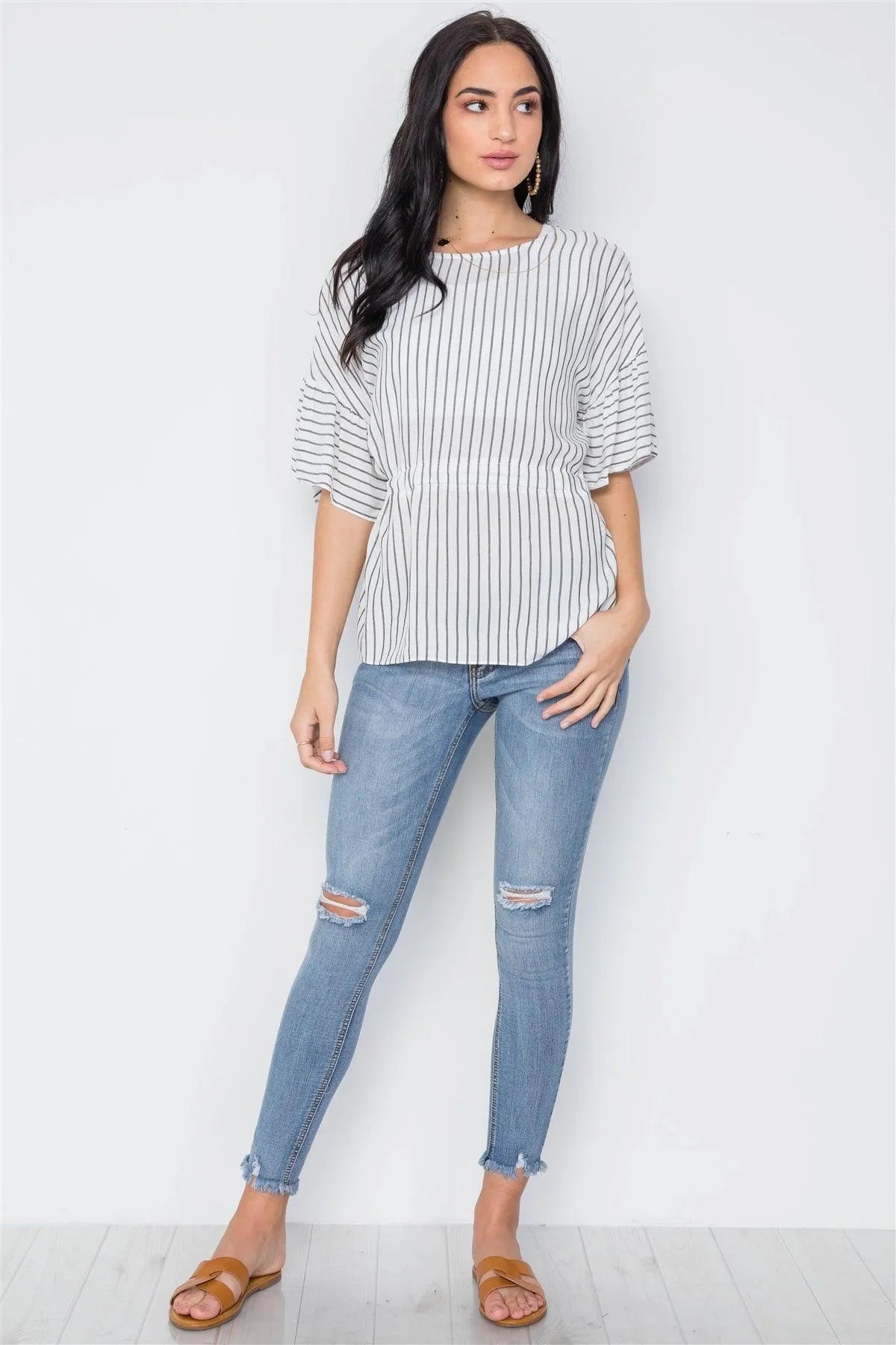 White Black Stripe Short Sleeve Self Tie Boho Top /3-2-1 - Tasha Apparel Wholesale