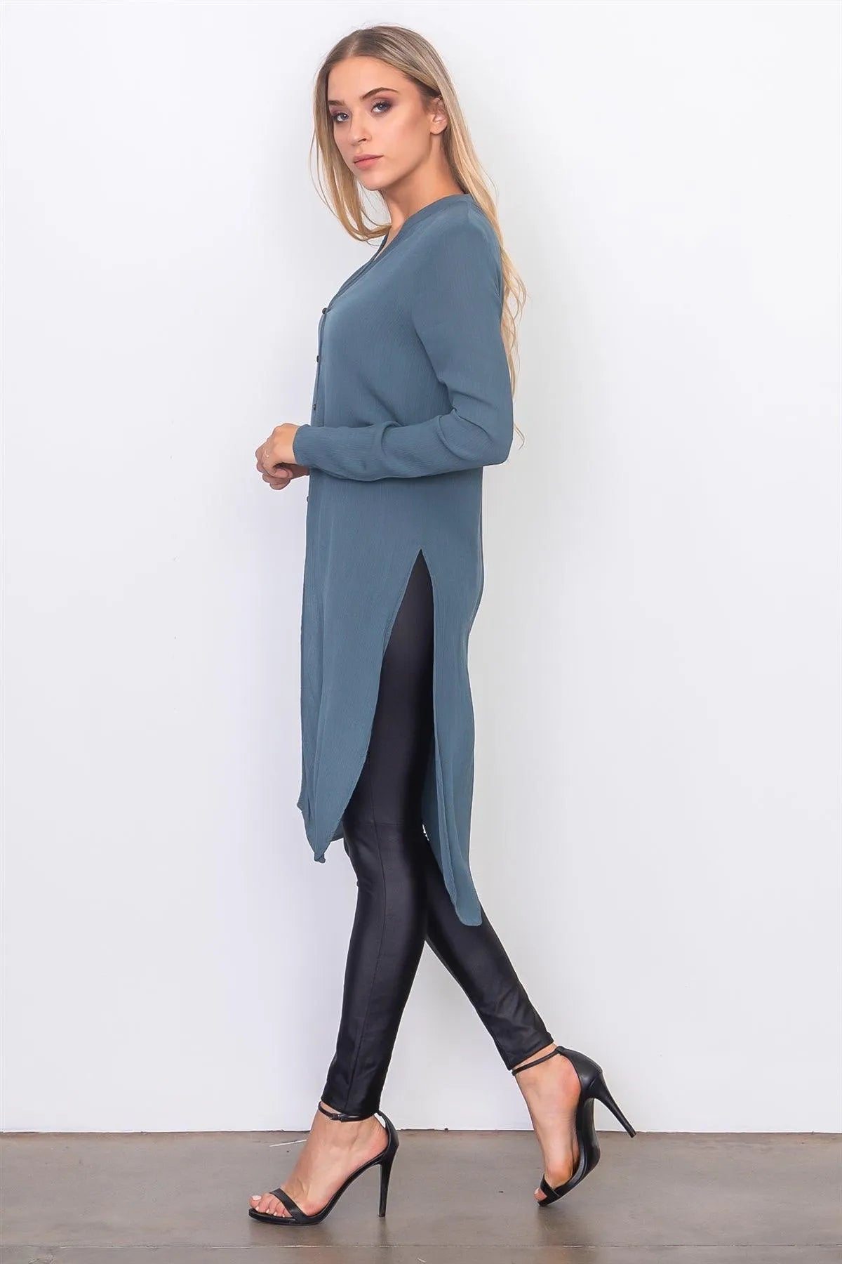 Teal Side Split Front Button Down Long Shirt /2-2-1 - Tasha Apparel Wholesale