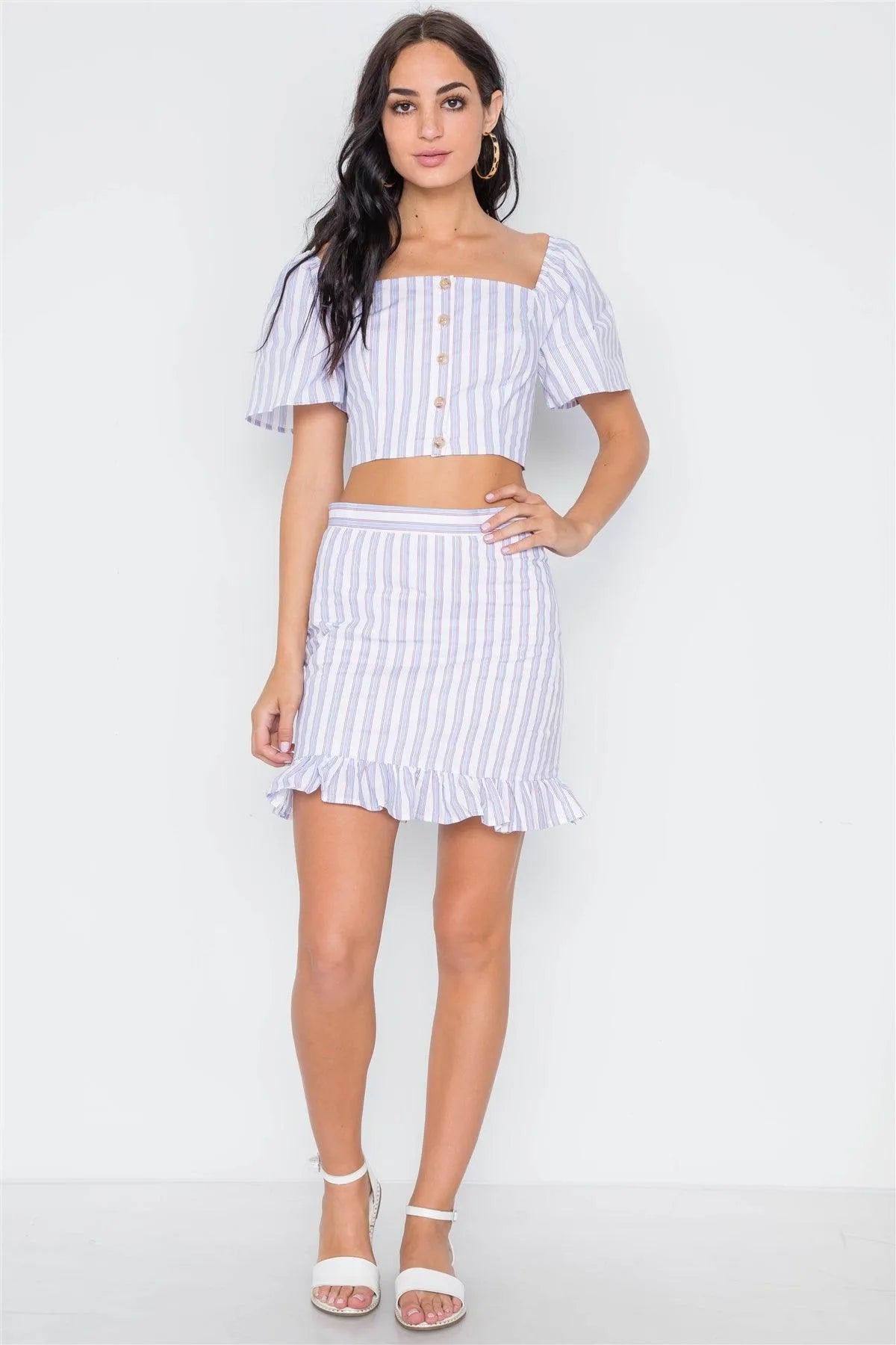 Blue Red Stripe Two Piece Crop Top Ruffle Skirt Set /3-2 - Tasha Apparel Wholesale