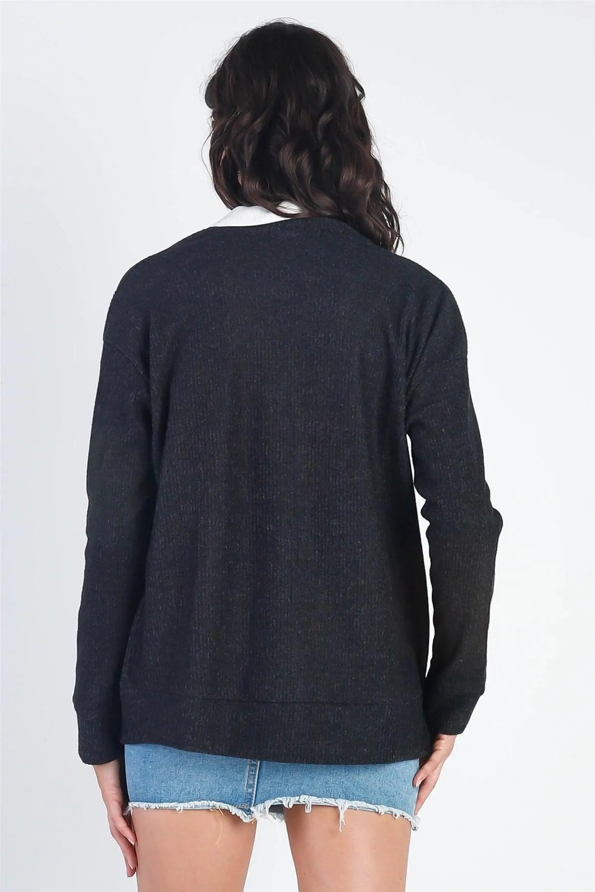 Charcoal Ribbed Flannel Long Sleeve Cardigan - Tasha Apparel Wholesale