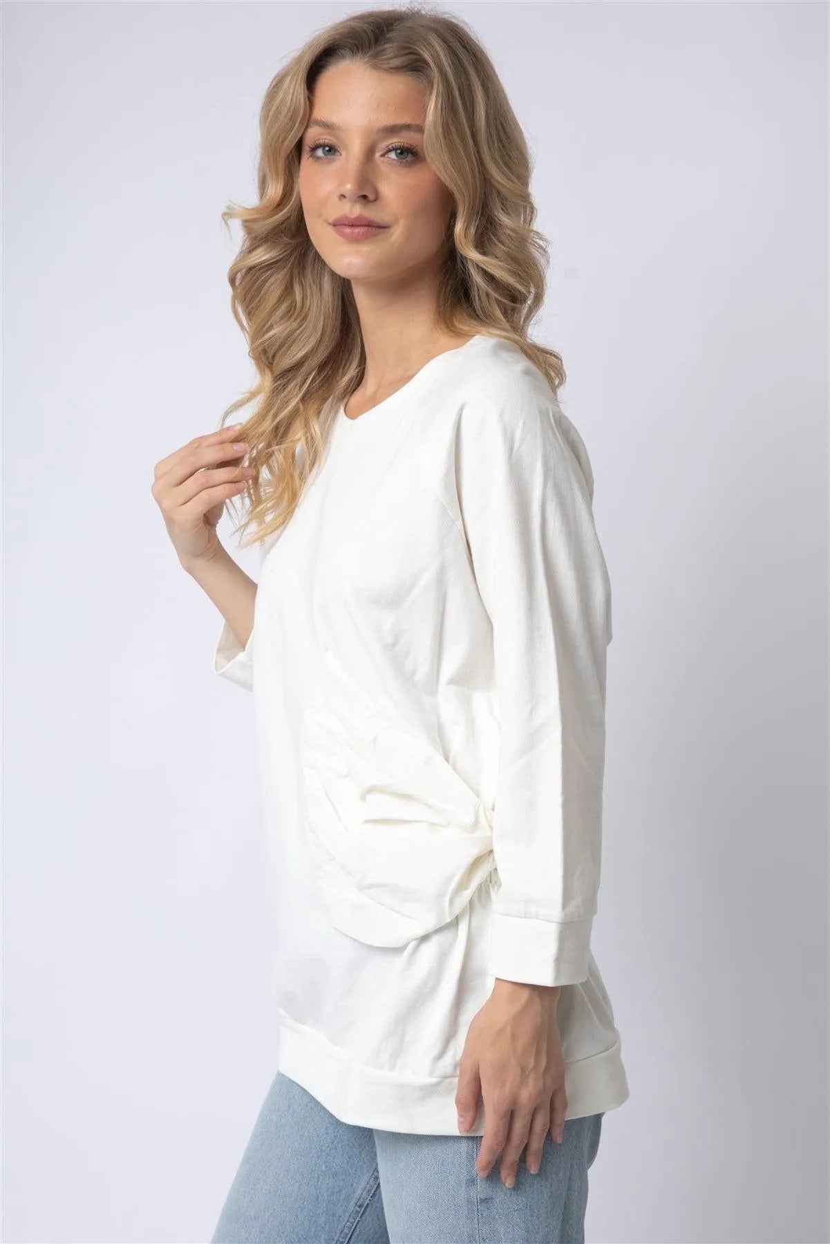 Ivory Cotton Side Bow Detail Long Sleeve Top /1-1-1 - Tasha Apparel Wholesale