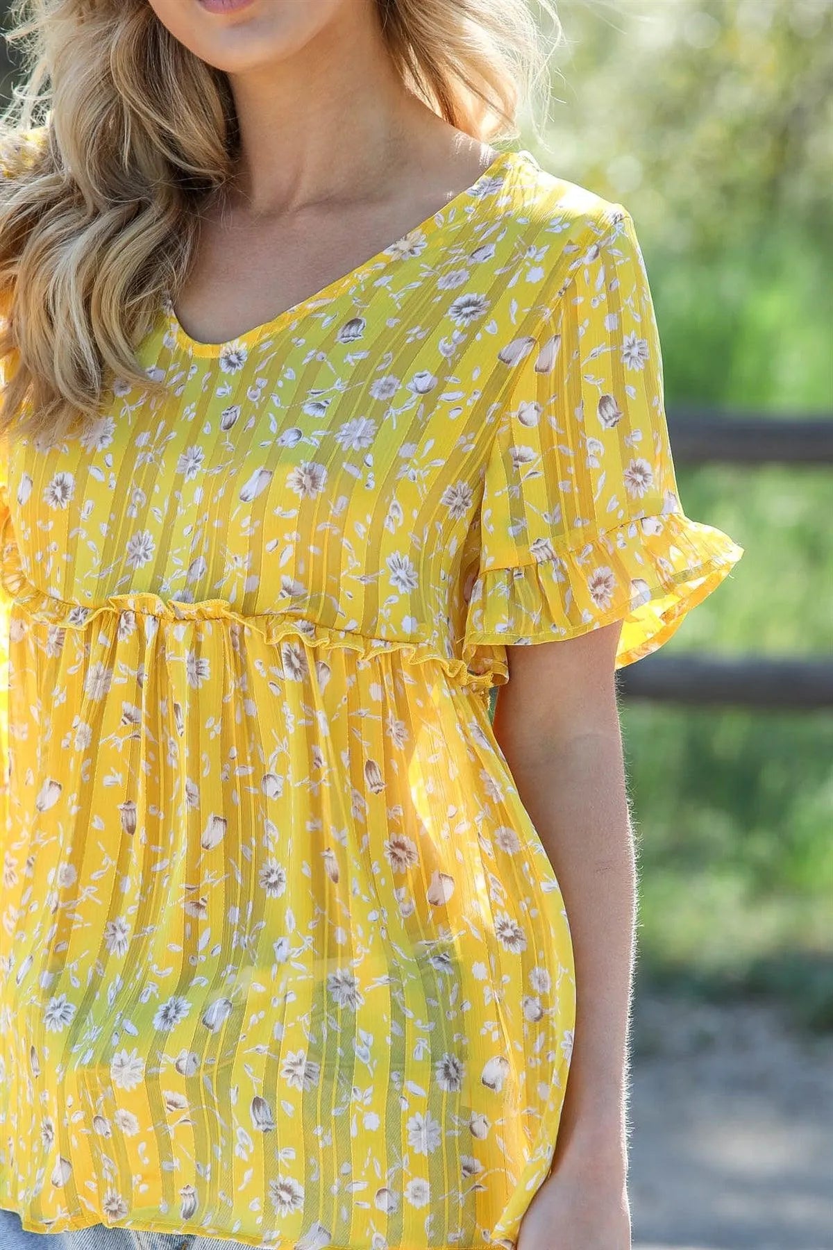 Yellow Satin Effect Stripe Lurex Thread Detail Floral Print Ruffle Trim Top /1-1-1 - Tasha Apparel Wholesale
