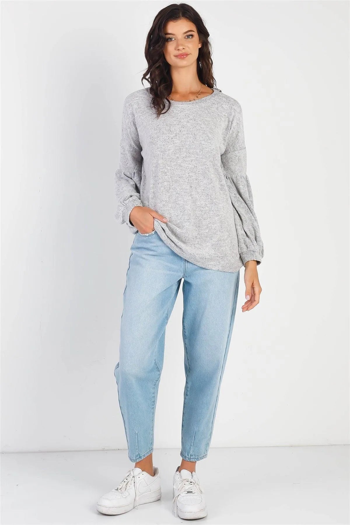 Heather Grey Round Neck Juliette Long Sleeve Top - Tasha Apparel Wholesale