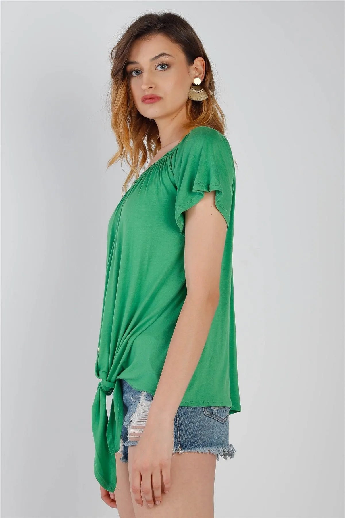 Green Off-The-Shoulder Button Up Detail Self-Tie Hem Top /1-1-1 - Tasha Apparel Wholesale