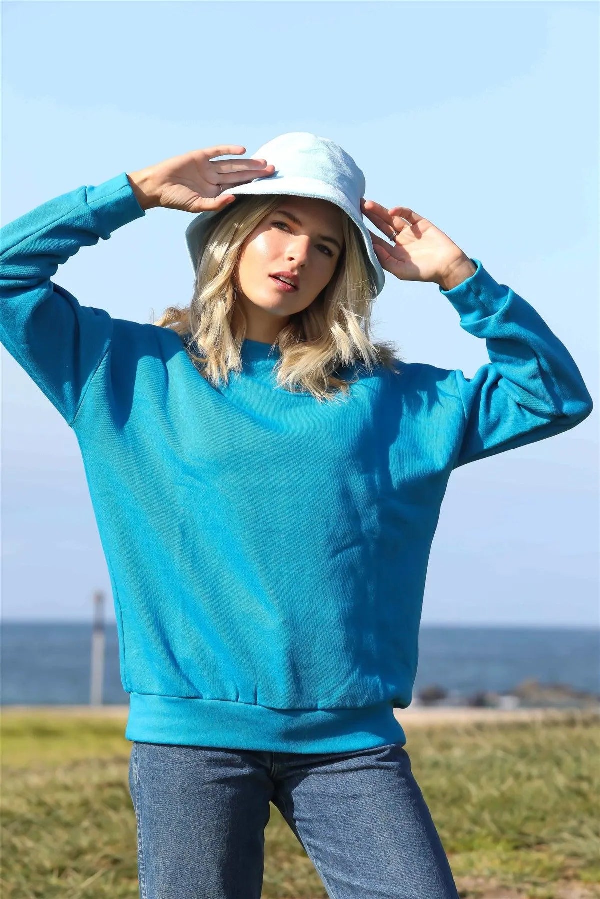 Teal Cotton Long Sleeve Sweatshirt /1-1-1 - Tasha Apparel Wholesale