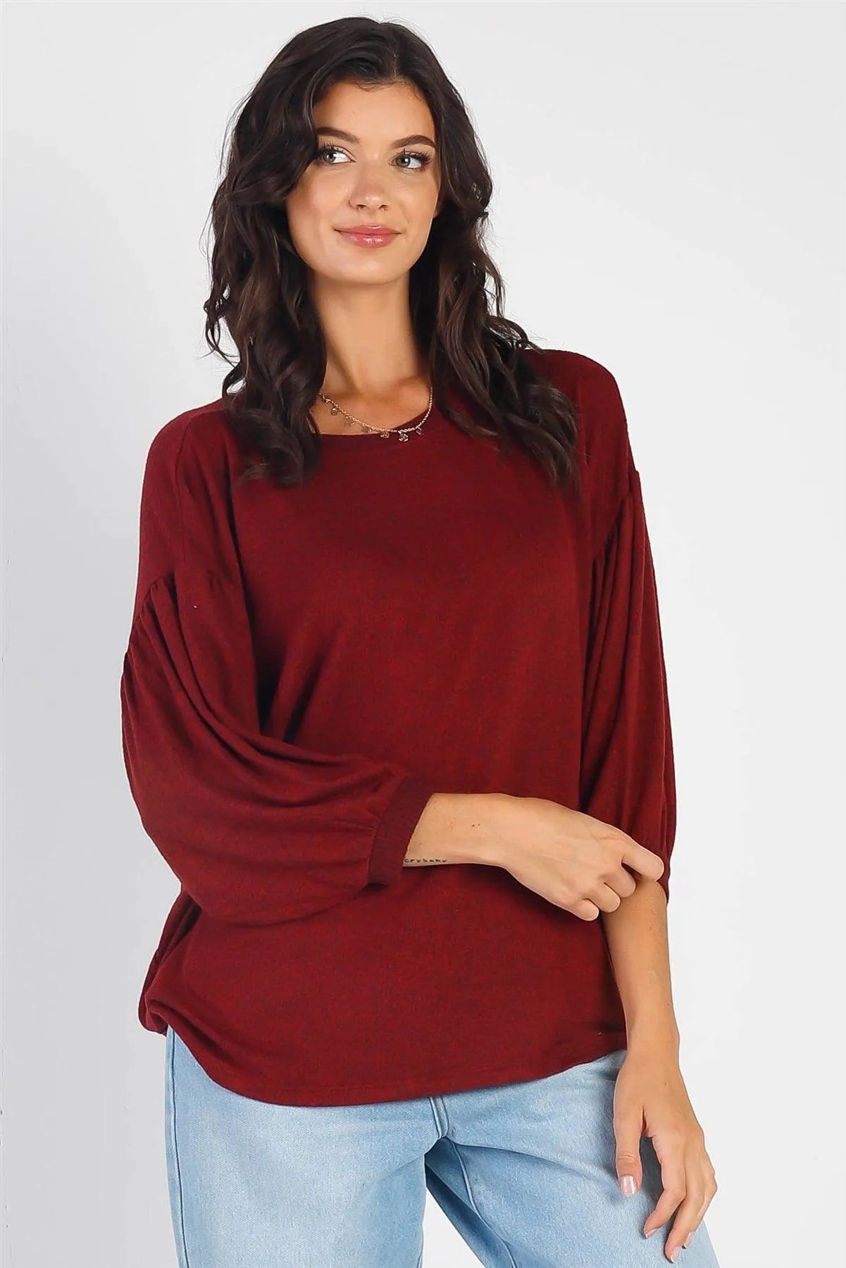 Burgundy Long Sleeve Puff Ballon Top - Tasha Apparel Wholesale