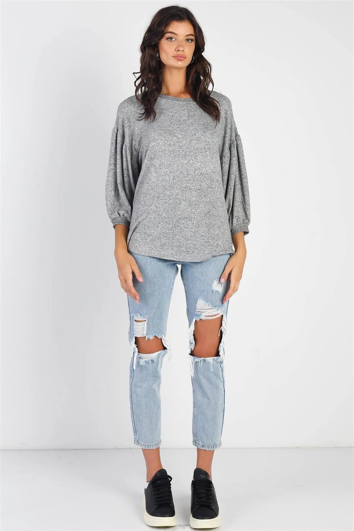 Heather Grey Soft Long Sleeve Puff Ballon Top - Tasha Apparel Wholesale
