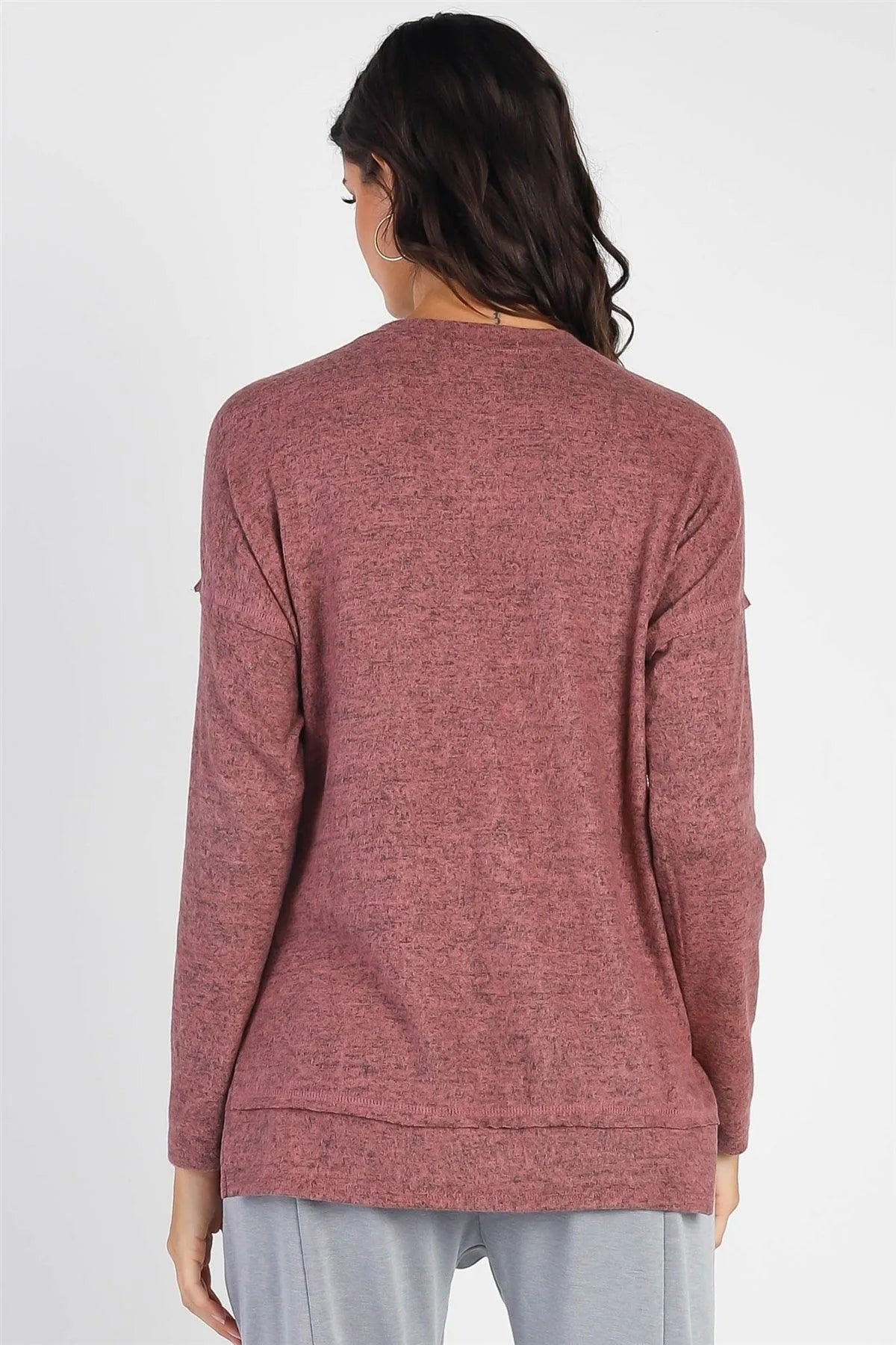 Mauve Flannel Button-Up Trim Long Sleeve Top - Tasha Apparel Wholesale