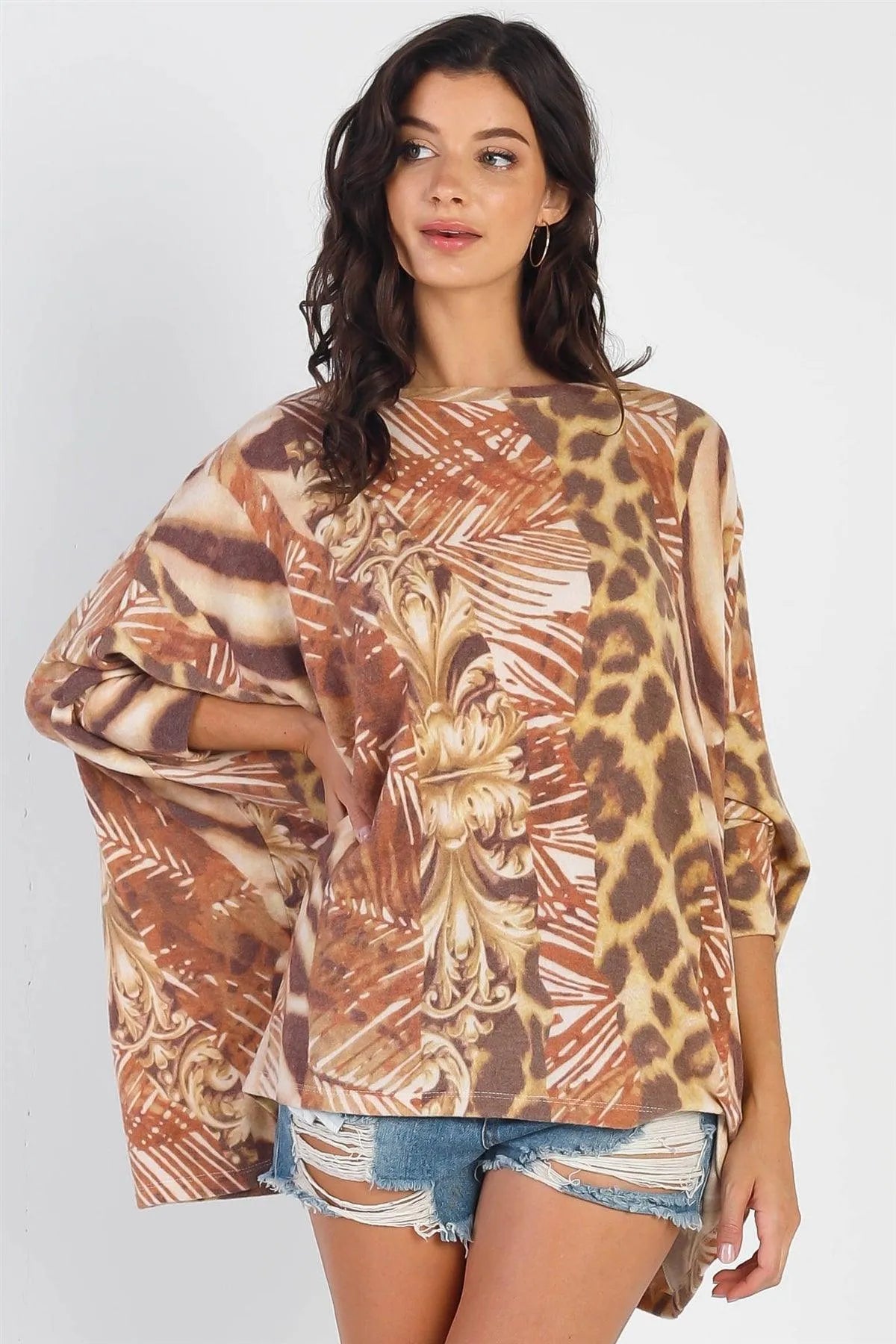 Brown Safari Print Flannel Dolman Midi Sleeve Top /2-1 - Tasha Apparel Wholesale