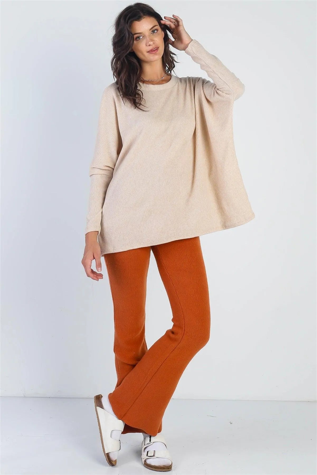 Oatmeal Flannel Ribbed Dolman Sleeve Sweater /1-1-1 - Tasha Apparel Wholesale