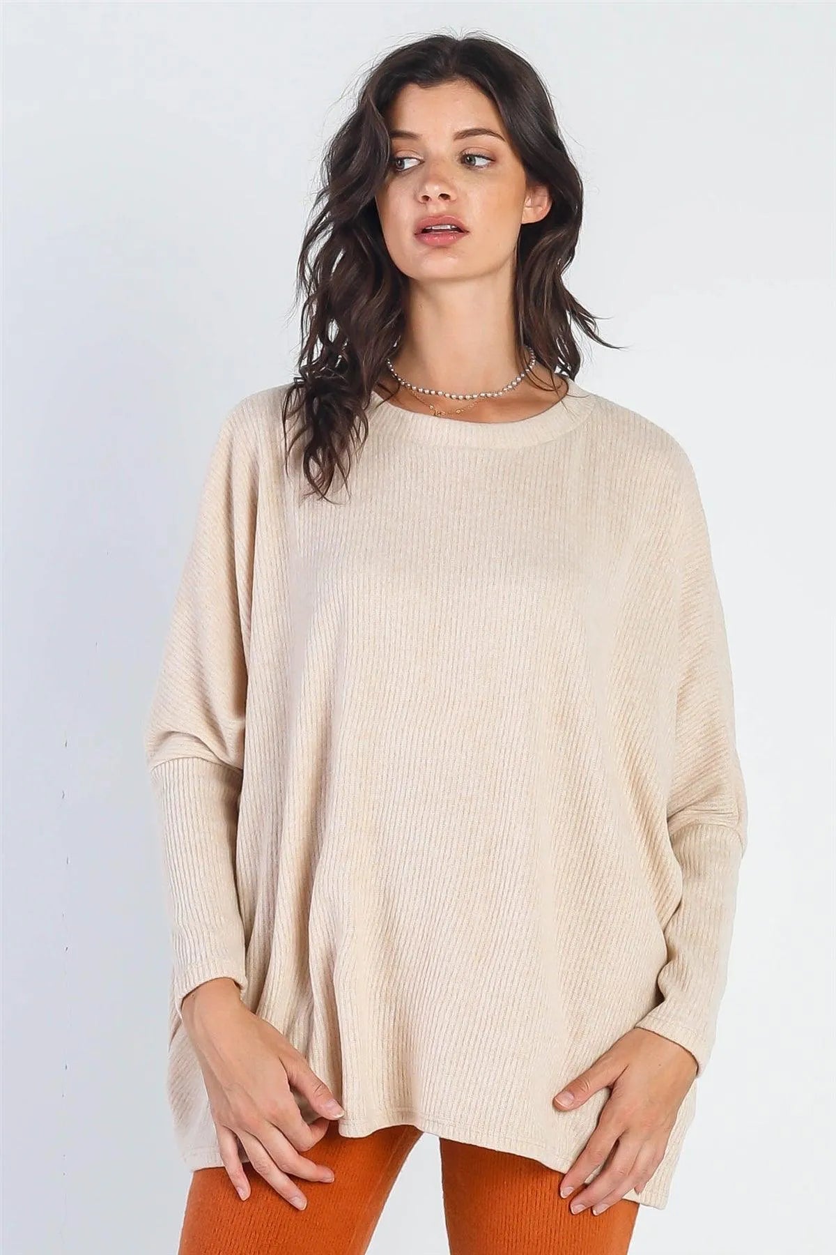Oatmeal Flannel Ribbed Dolman Sleeve Sweater /1-2-2 - Tasha Apparel Wholesale