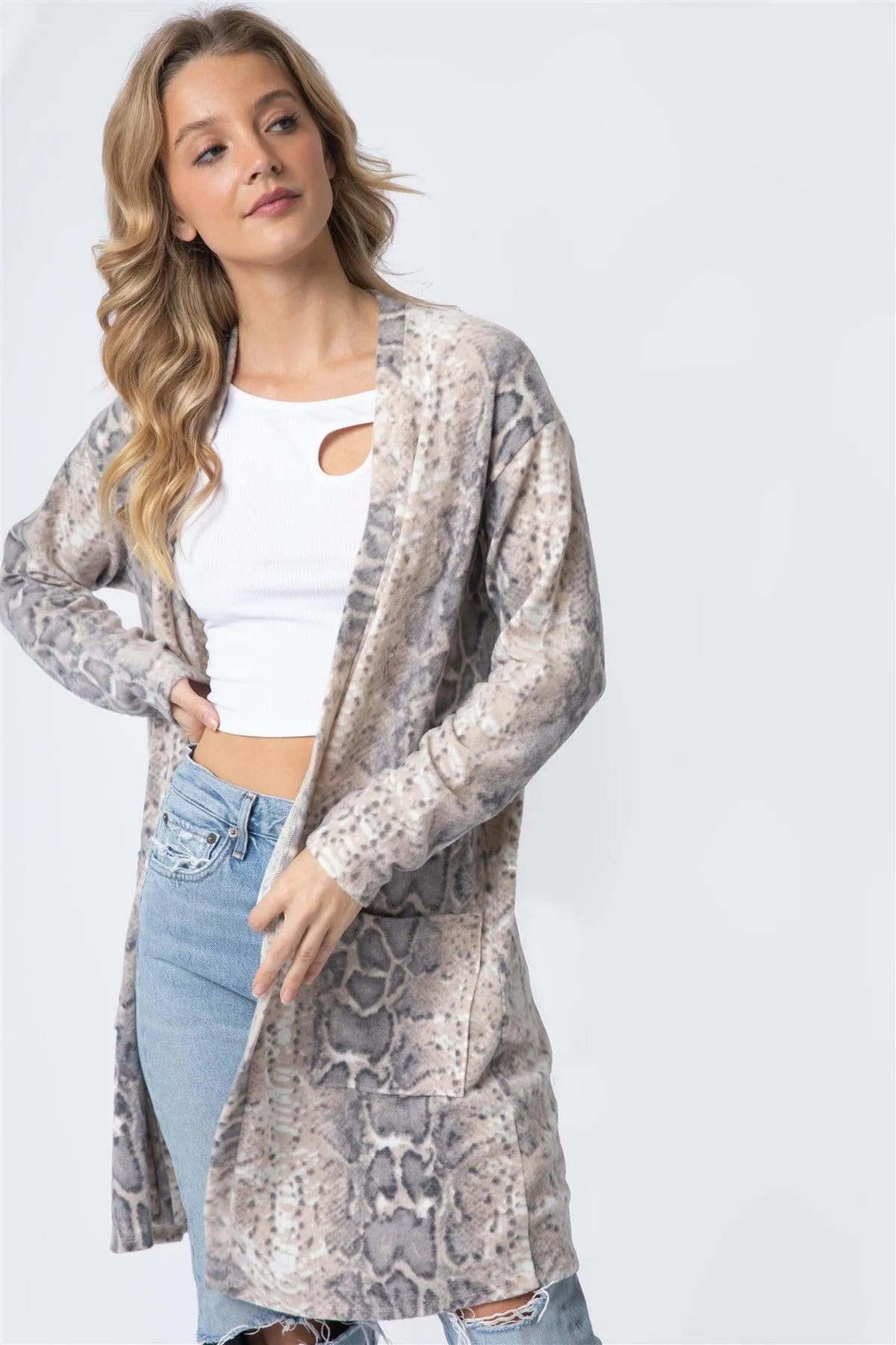 Animal Print Flannel Front Pocket Long Cardigan - Tasha Apparel Wholesale