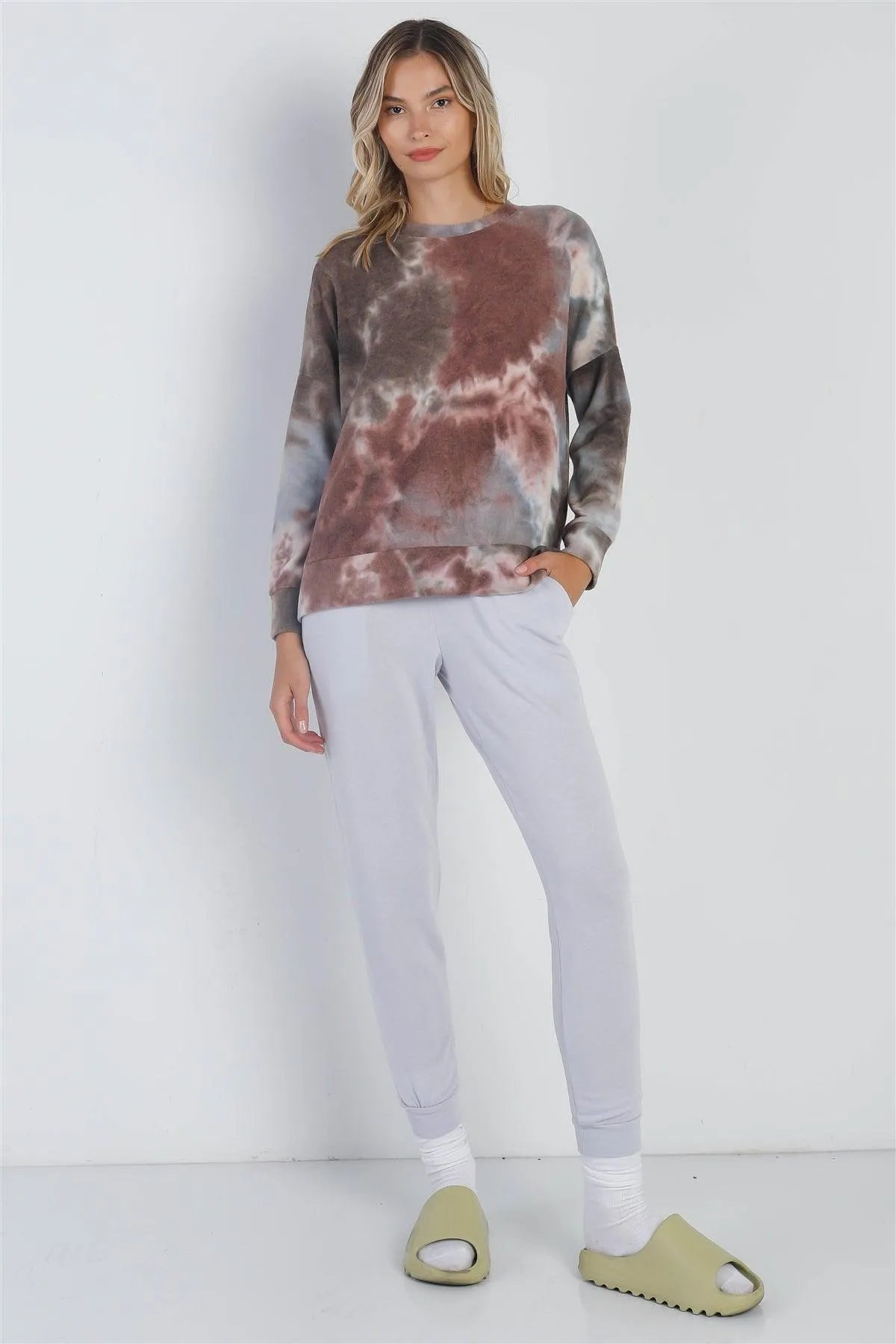 Brown Tie-Dye Crew Neck Long Sleeve Sweatshirt /1-1-1 - Tasha Apparel Wholesale