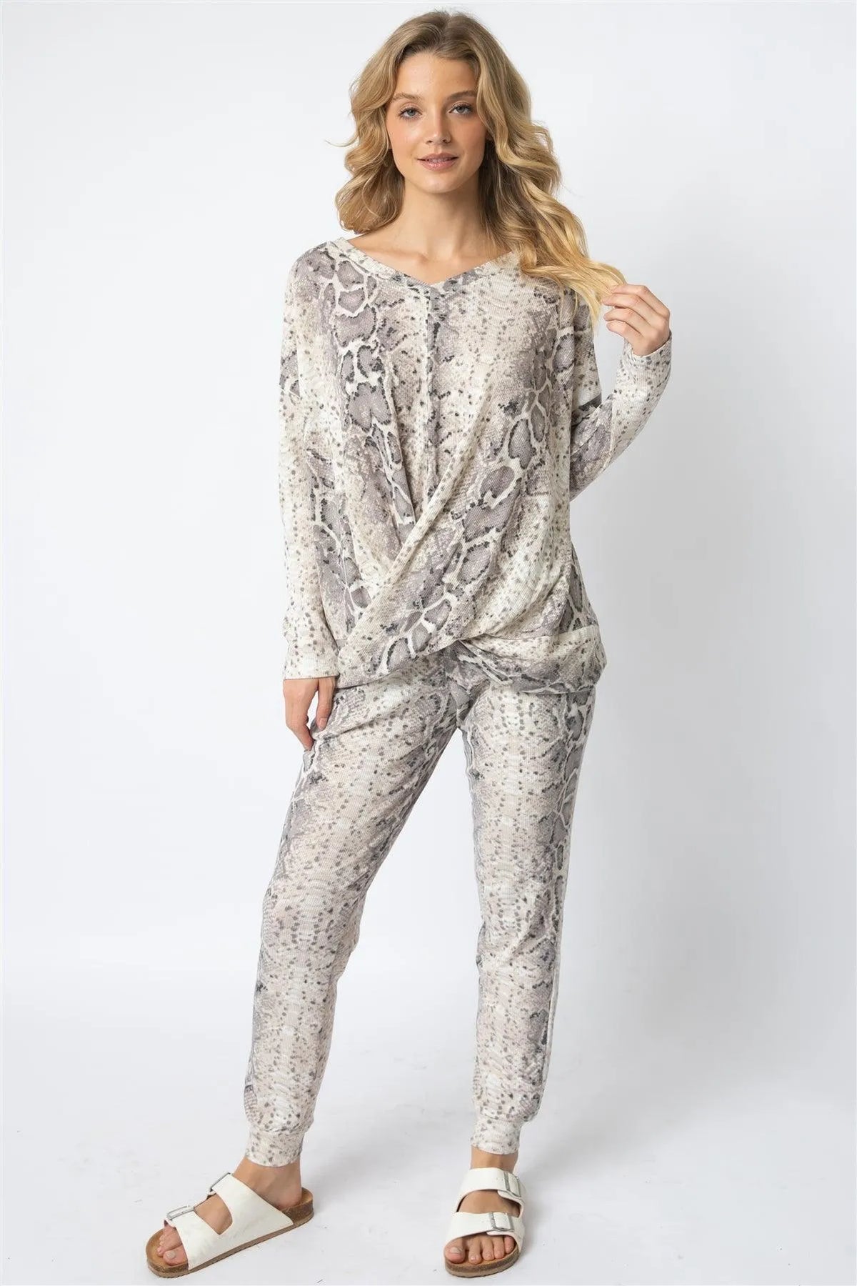 Taupe Waffle Knit Snake Print Twist Detail Top & Jogger Pant Set /1-1-1 - Tasha Apparel Wholesale