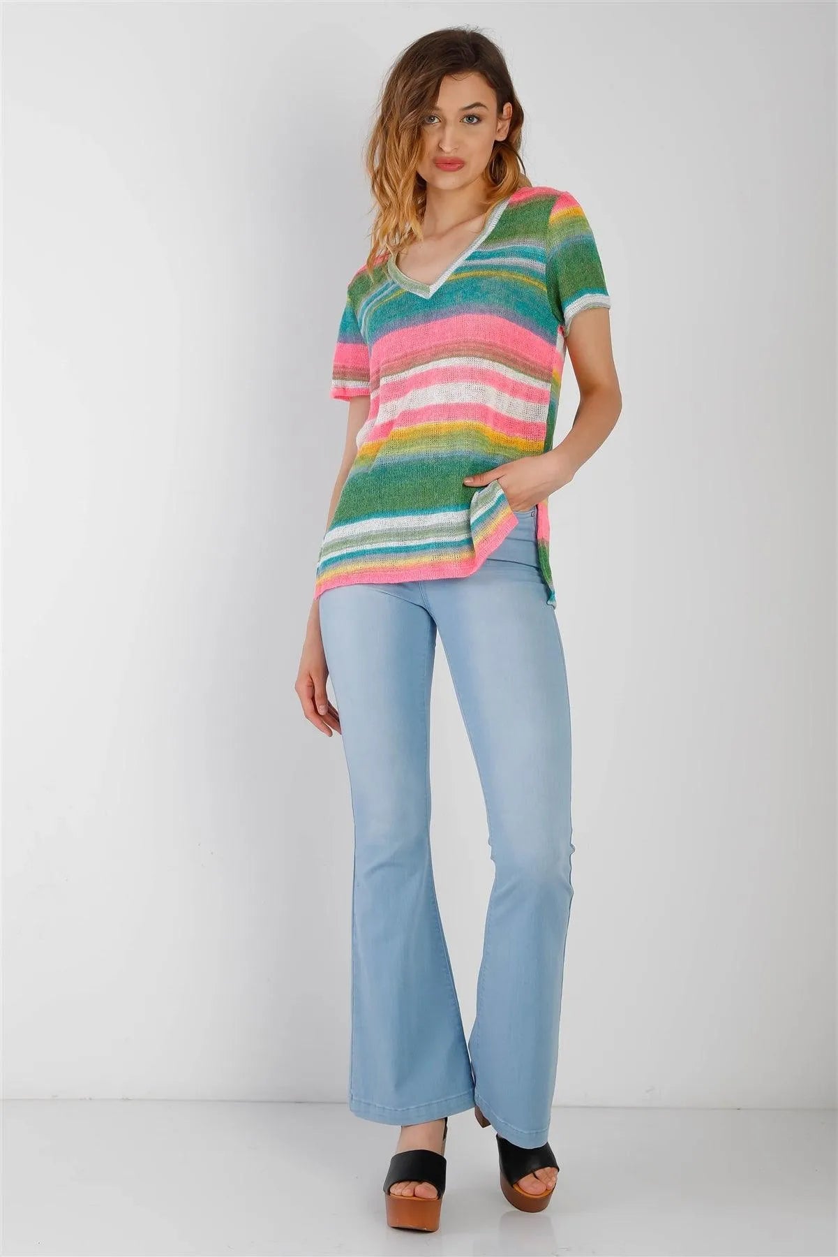 Multi Color Stripe Knit V-Neck Top /1-1-1 - Tasha Apparel Wholesale