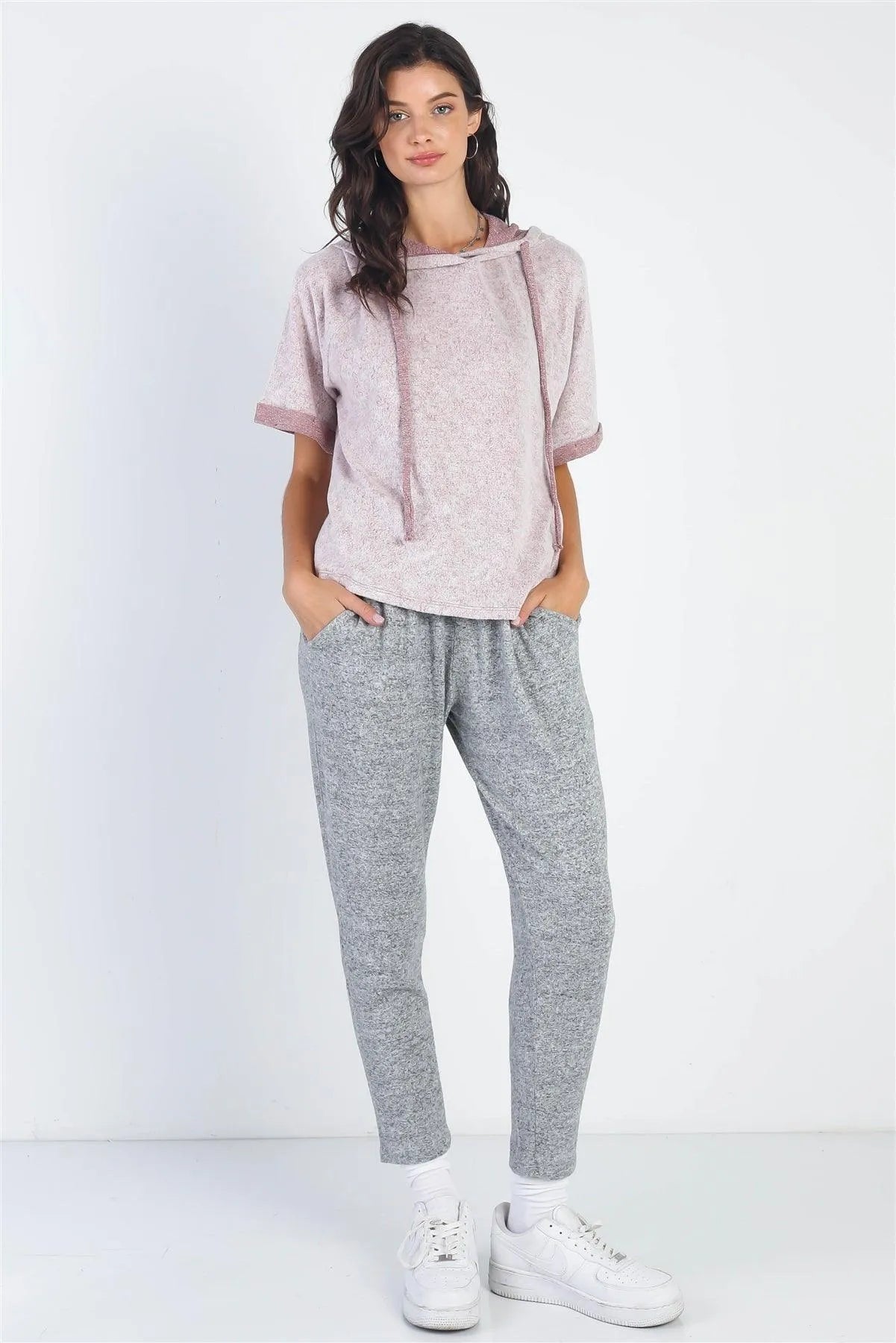 Burgundy Textured Short Cuff Sleeve Hoodie Sweatshirt /1-1-1 - Tasha Apparel Wholesale