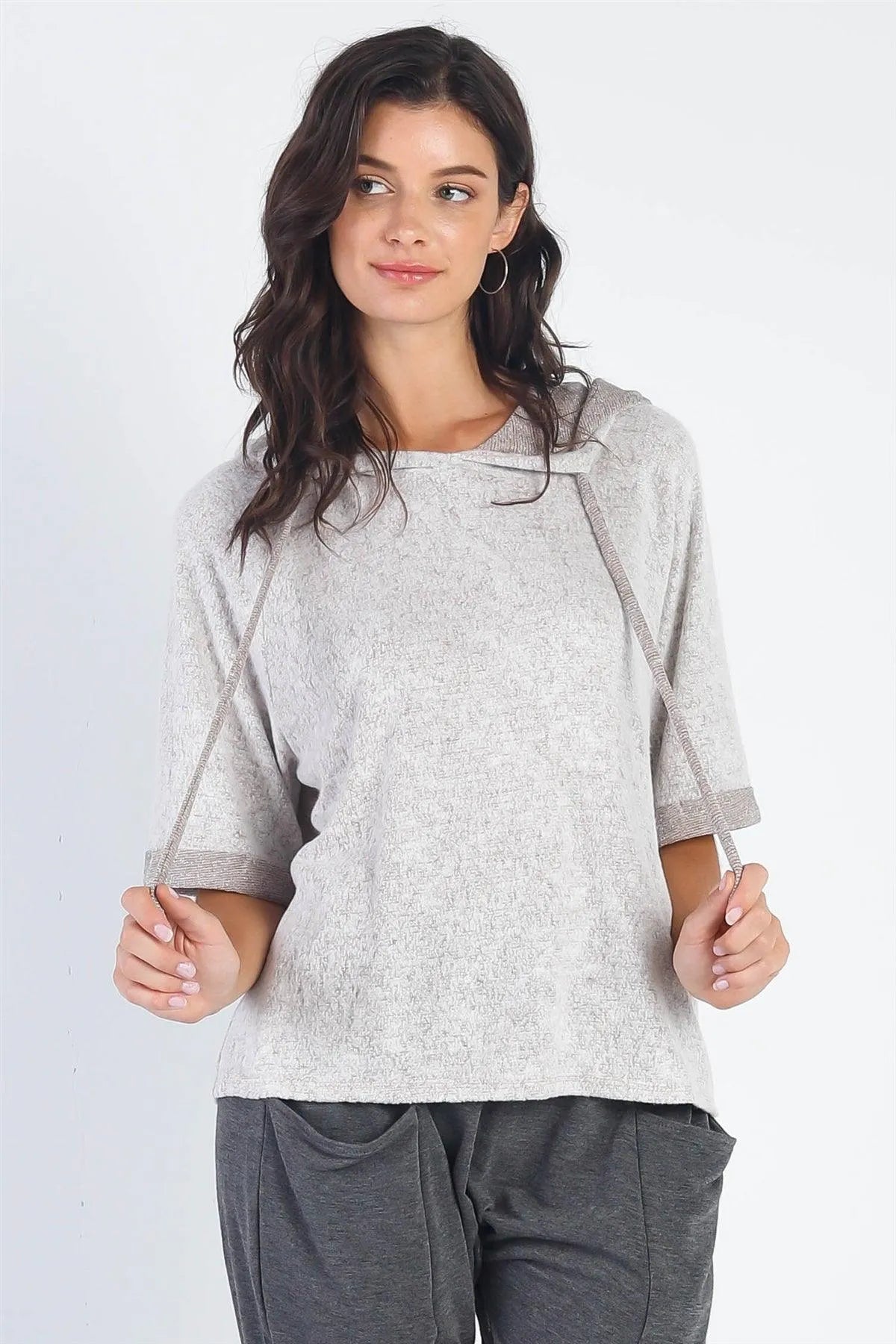 Taupe Textured Short Cuff Sleeve Hooded Top /1-1-1 - Tasha Apparel Wholesale