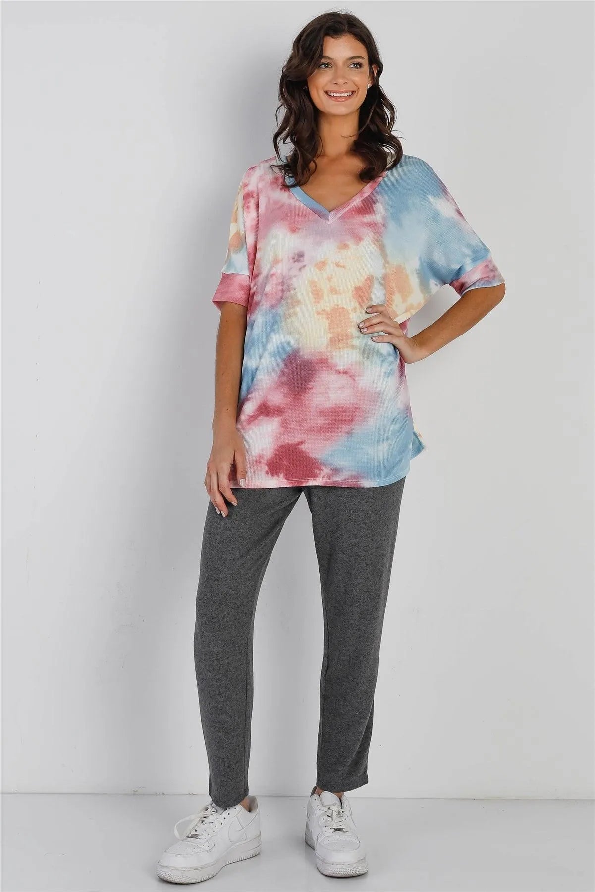 Multi Color Tie-Dye Waffle Knit Short Sleeve Top /1-1-1 - Tasha Apparel Wholesale