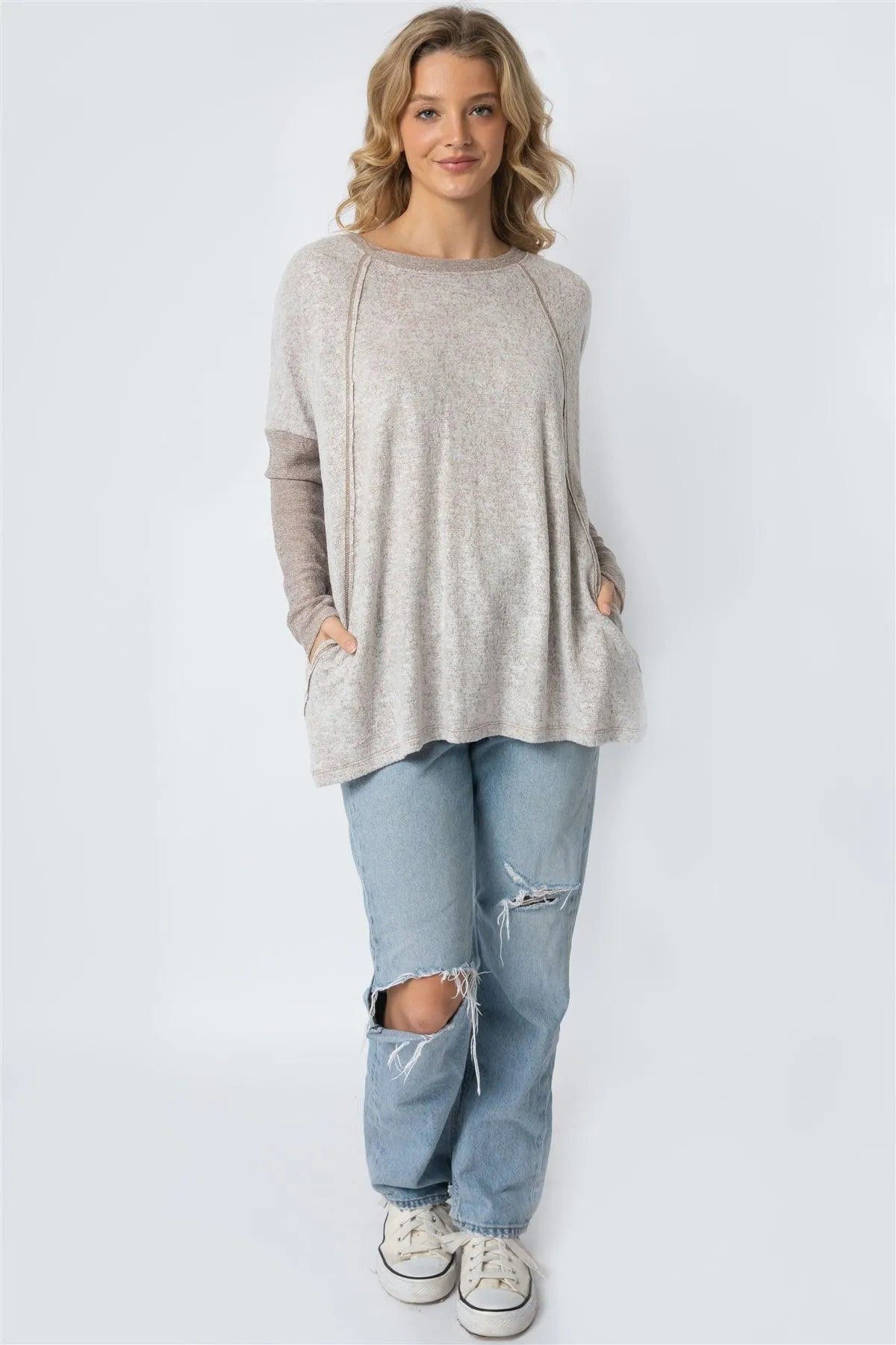 Taupe Long Sleeve Round Neck Two Pocket Side Top - Tasha Apparel Wholesale