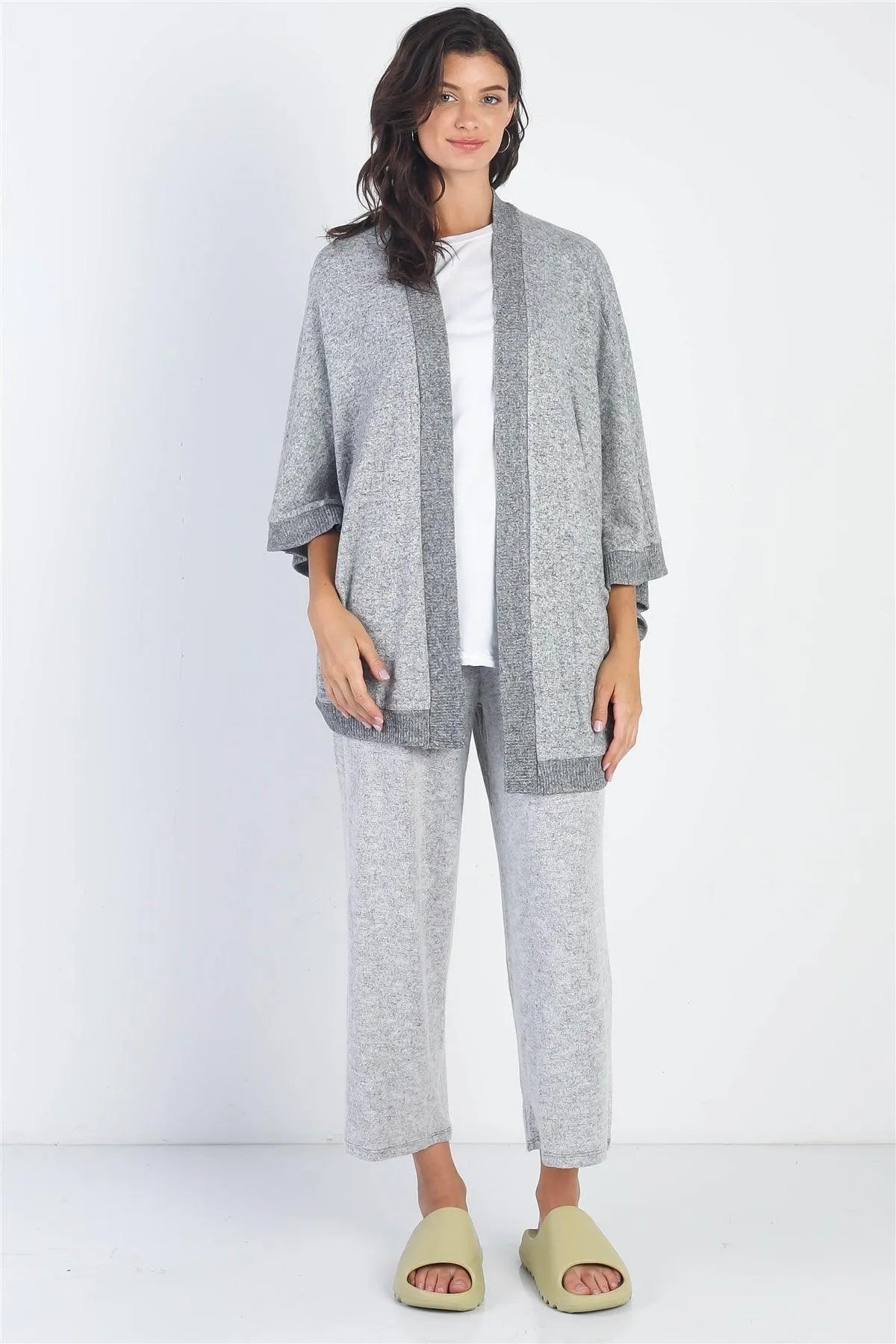Heather Grey Open Front Kimono Style Cardigan /ONE SIZE - Tasha Apparel Wholesale