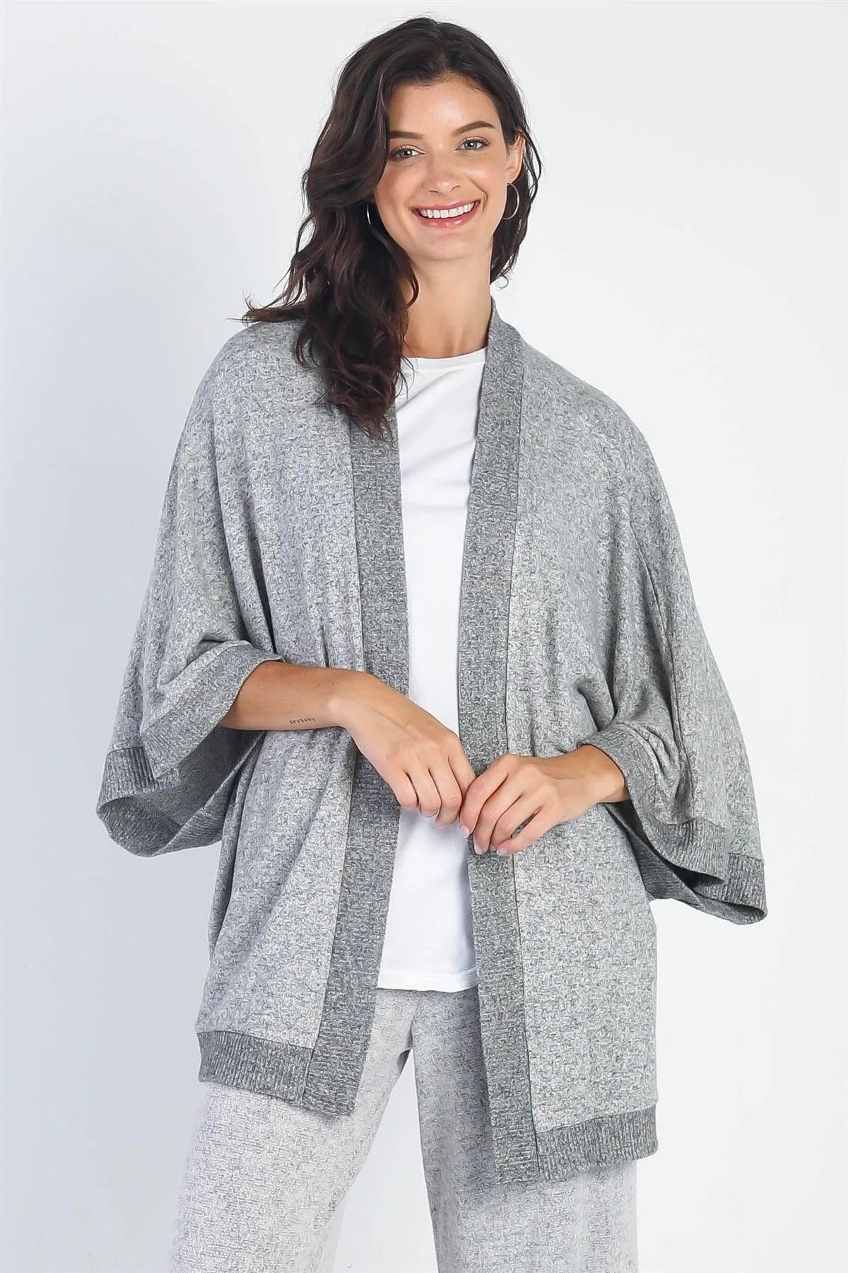 Heather Grey Open Front Kimono Style Cardigan - Tasha Apparel Wholesale