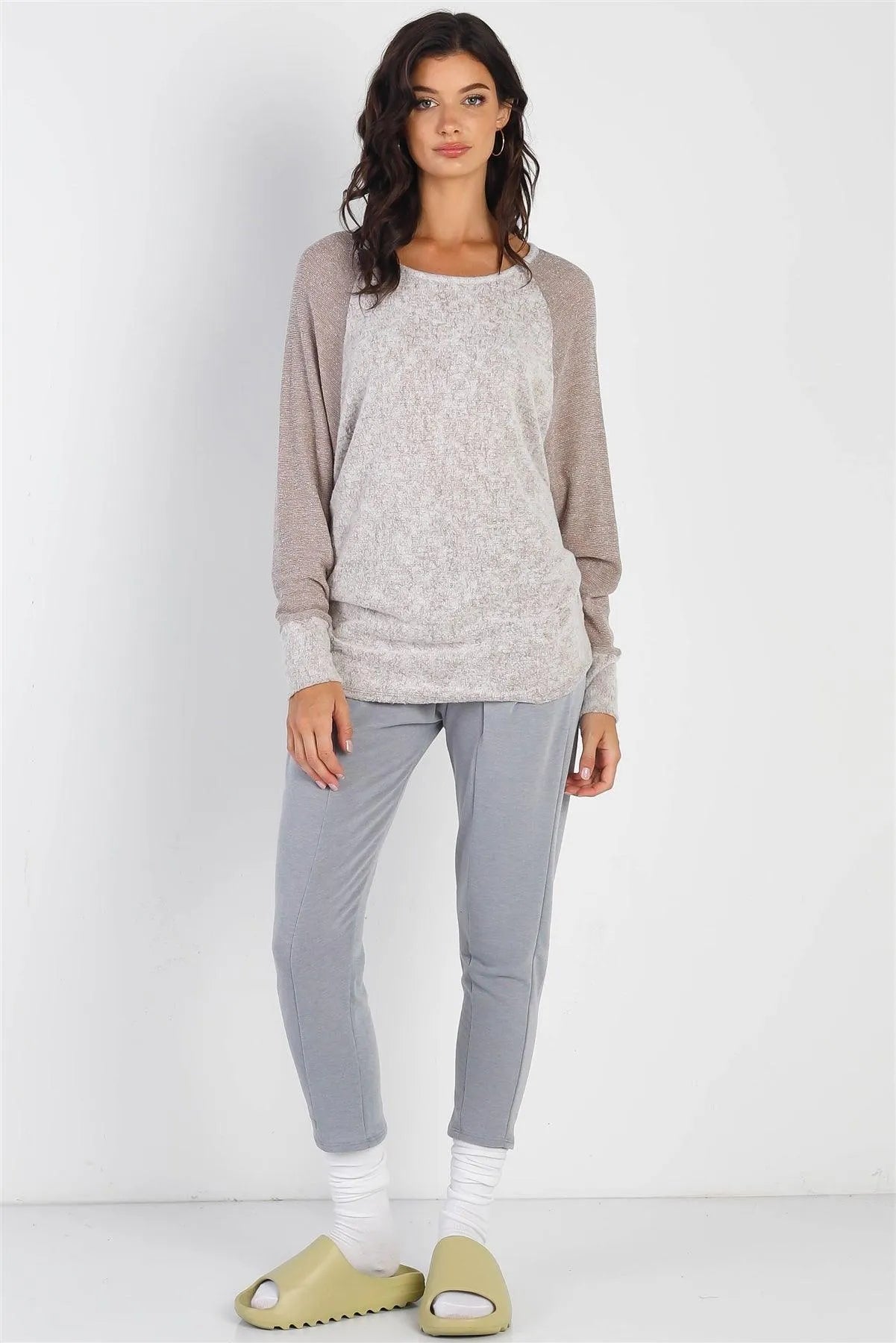 Taupe Round Neck Long Cuff Sleeve Top - Tasha Apparel Wholesale