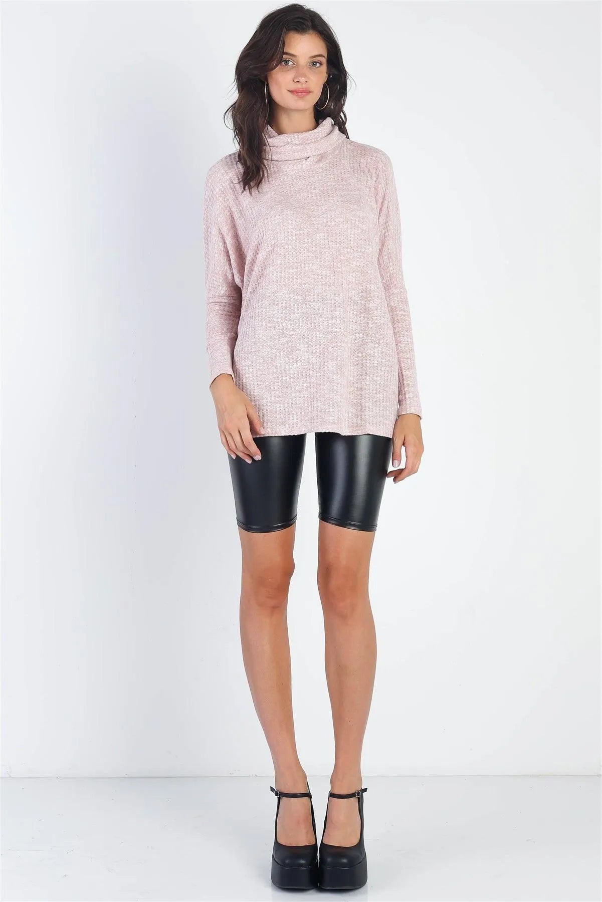 Mauve Waffle Knit Turtle Neck Long Sleeve Relaxed Sweater /1-1-1 - Tasha Apparel Wholesale