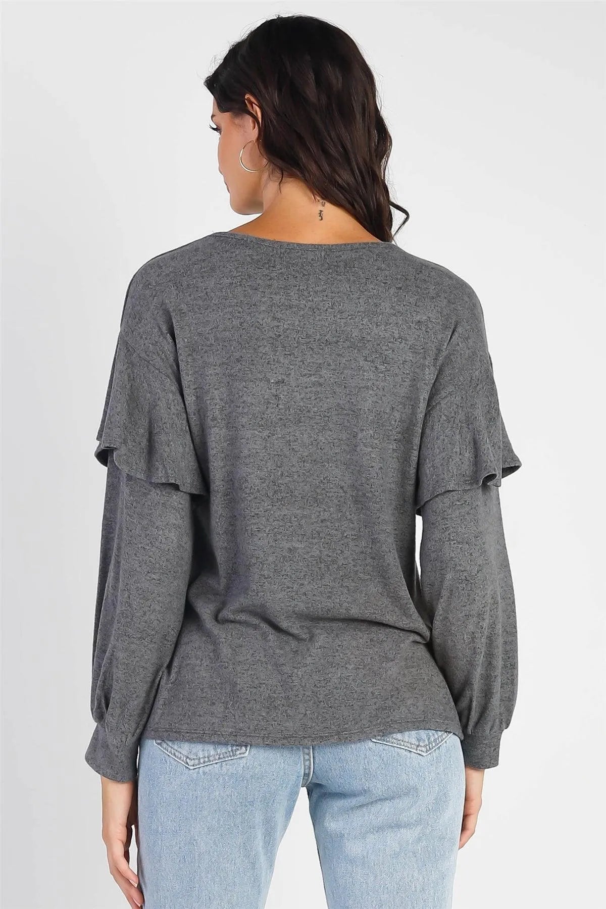 Charcoal Ruffle Shoulder Detail Long Sleeve Top - Tasha Apparel Wholesale
