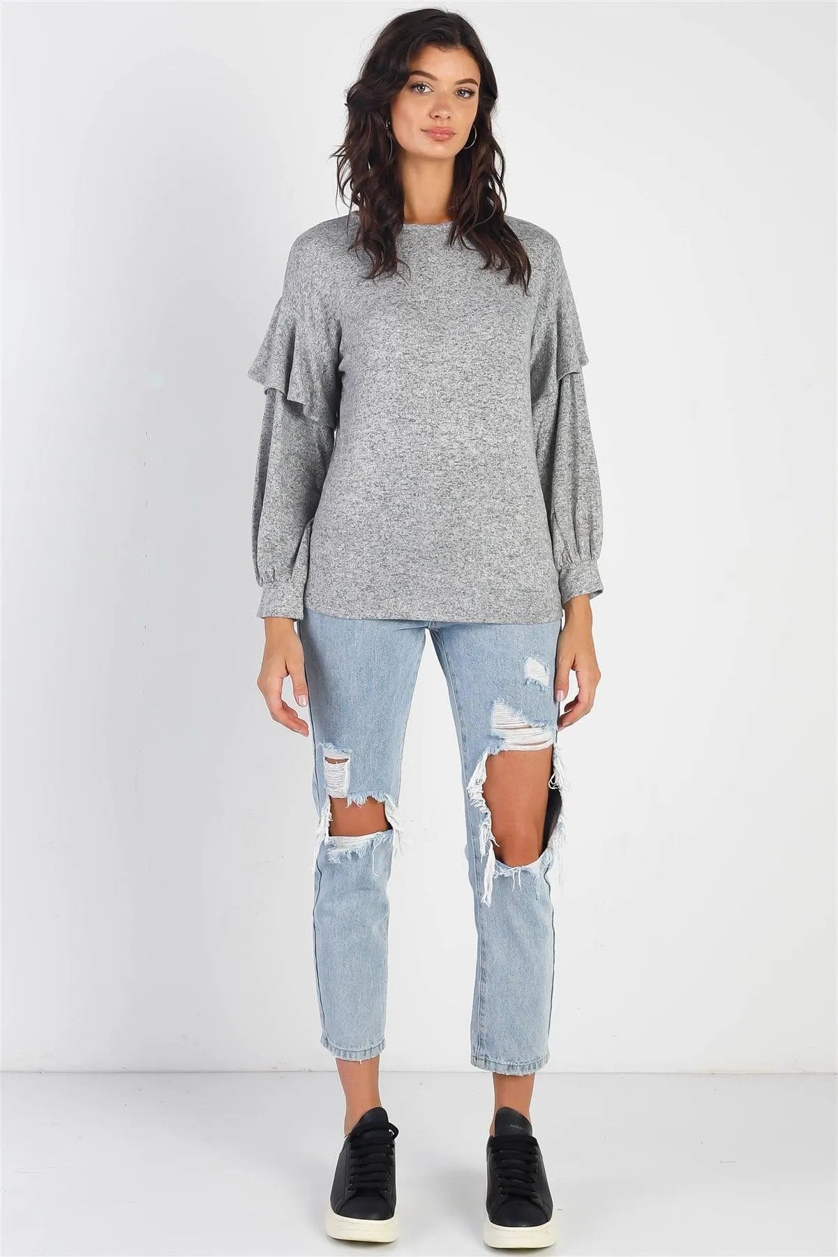 Heather Grey Ruffle Shoulder Detail Long Sleeve Top - Tasha Apparel Wholesale