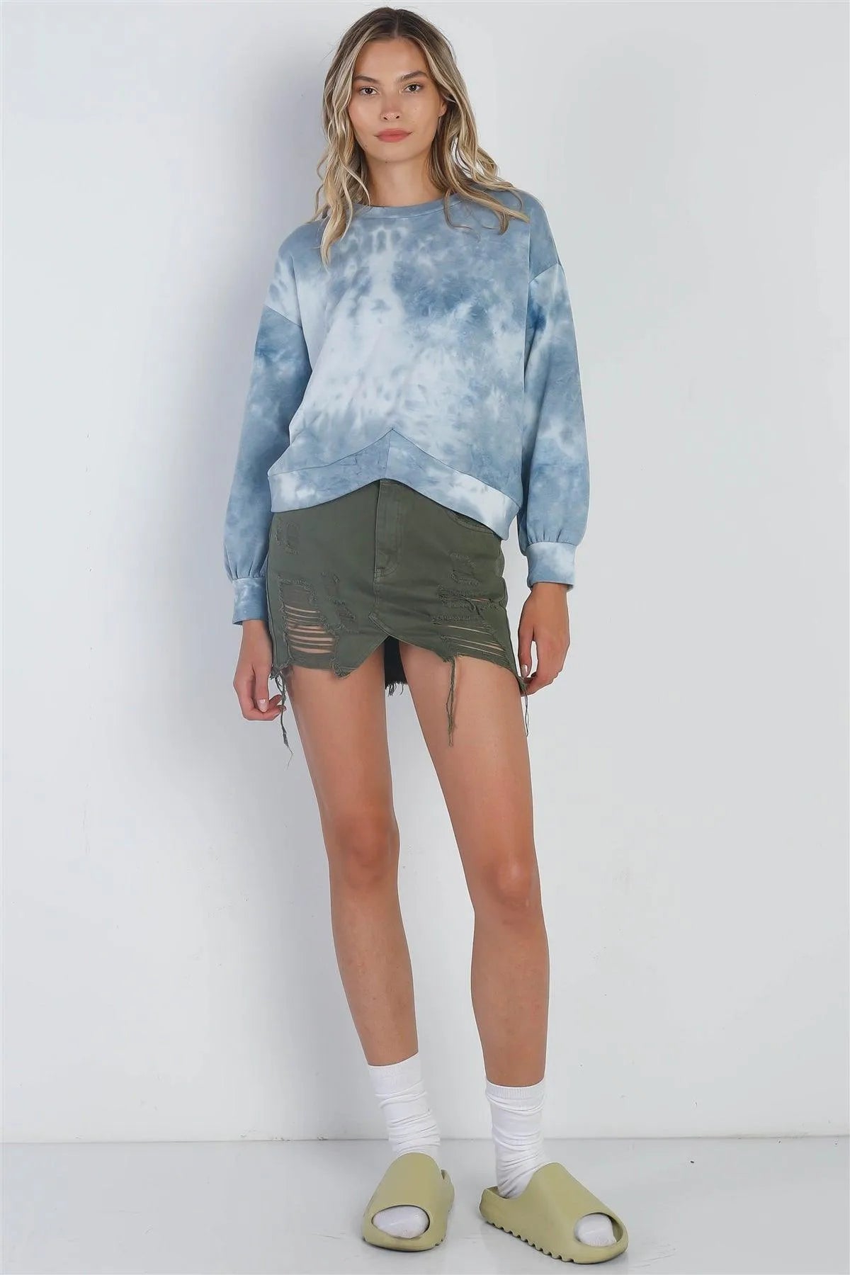 Teal Tie-Dye Print Round Neck Long Sleeve Hem Detail Top /1-1-1 - Tasha Apparel Wholesale