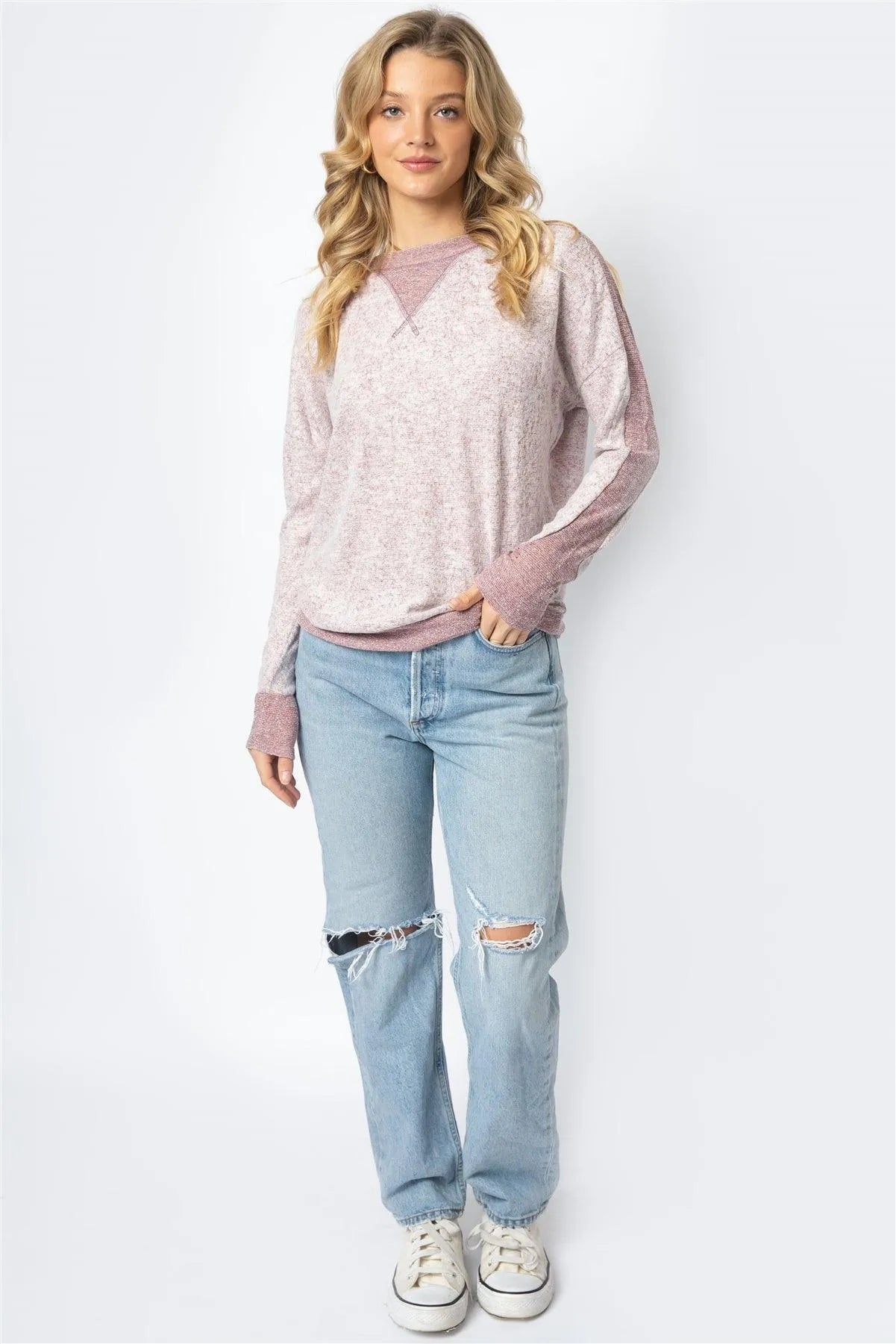 Burgundy Long Sleeve Round Neck Top /1-1-1 - Tasha Apparel Wholesale